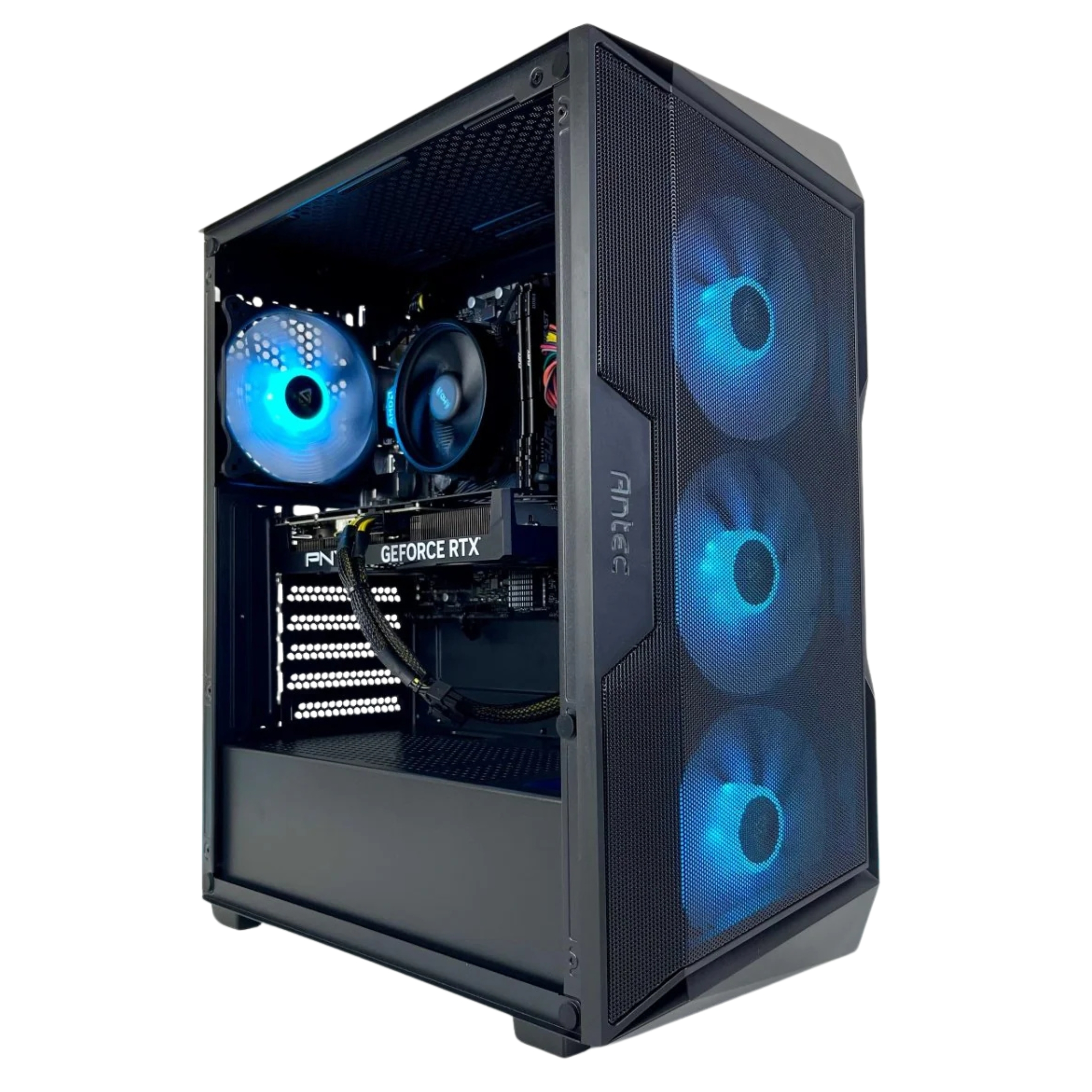 Carcasa de computadora negra con ventiladores iluminados en azul y componentes internos visibles.