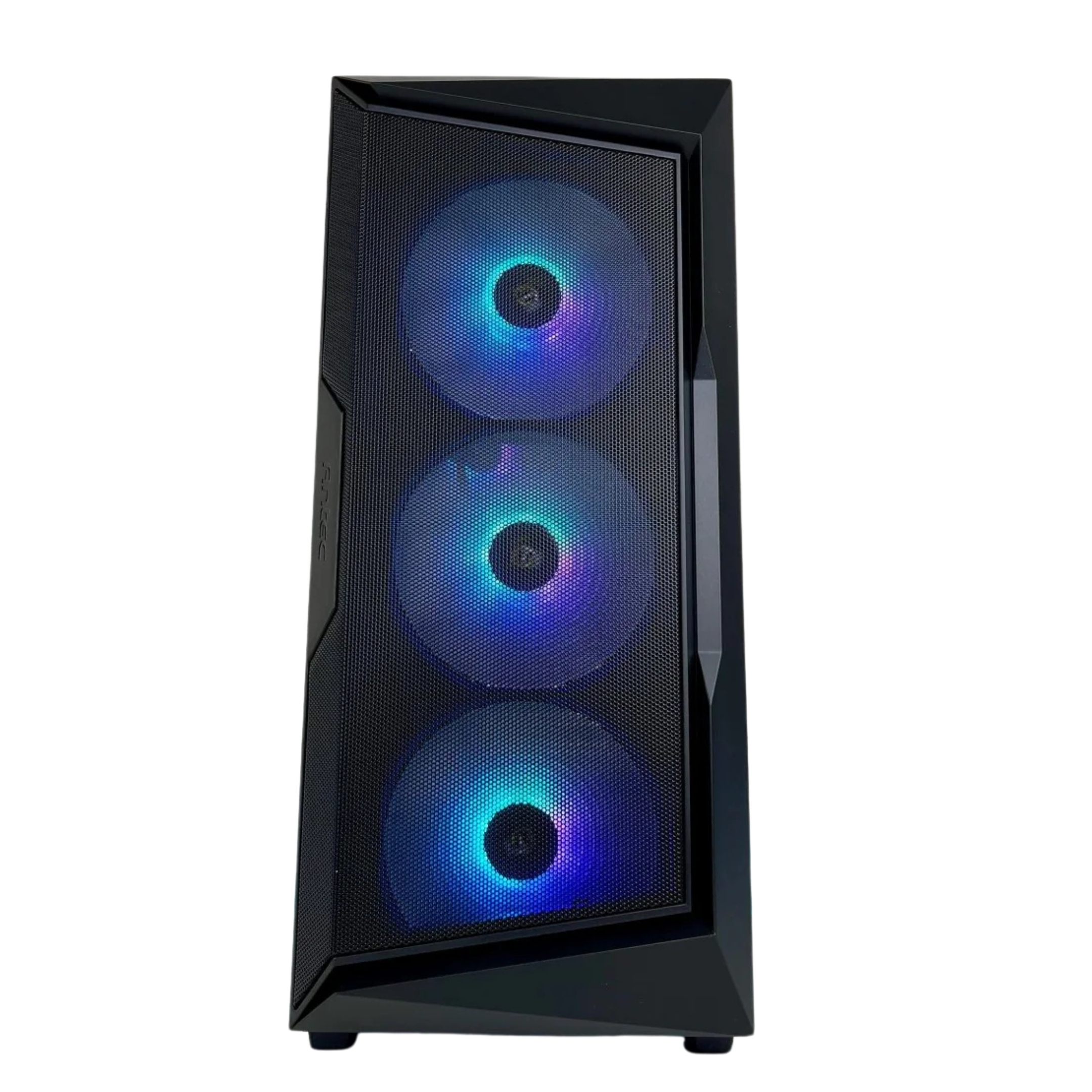 Caja de ordenador negra con tres ventiladores iluminados. La caja tiene un frente de malla.