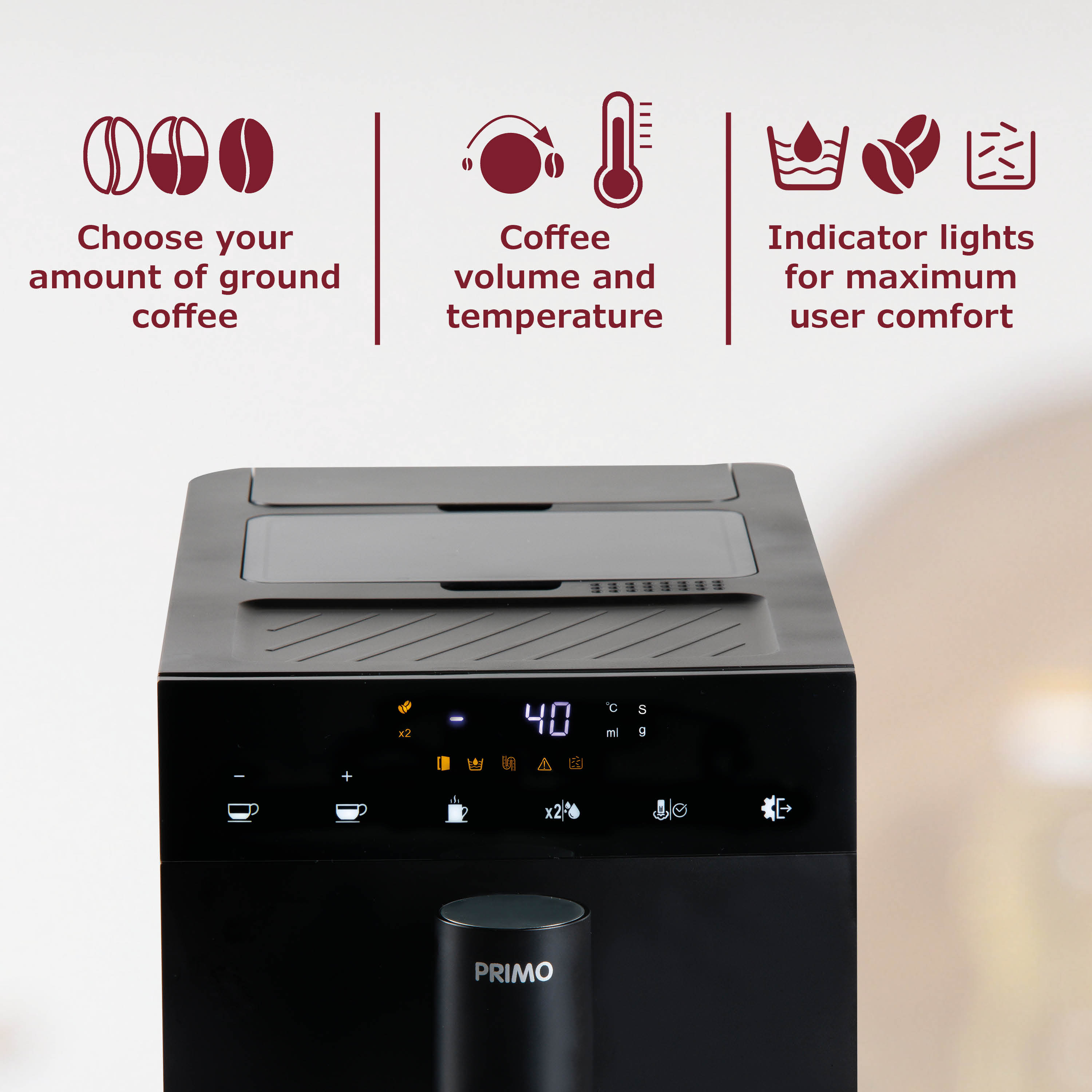 Une machine à café noire avec des icônes et du texte sur le volume et la température.