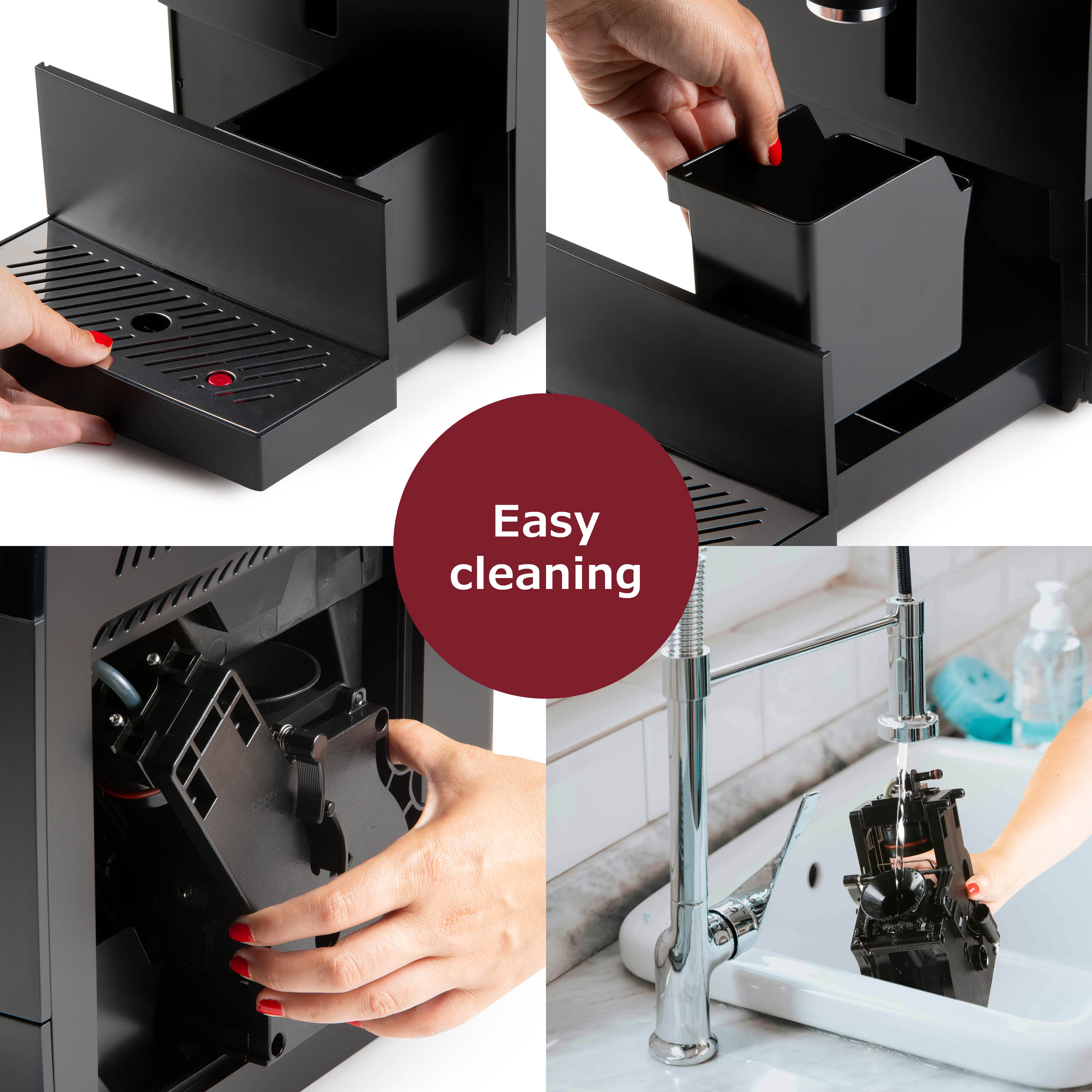 Images montrant le processus de nettoyage d'une cafetière noire. Les pièces sont retirées et lavées.