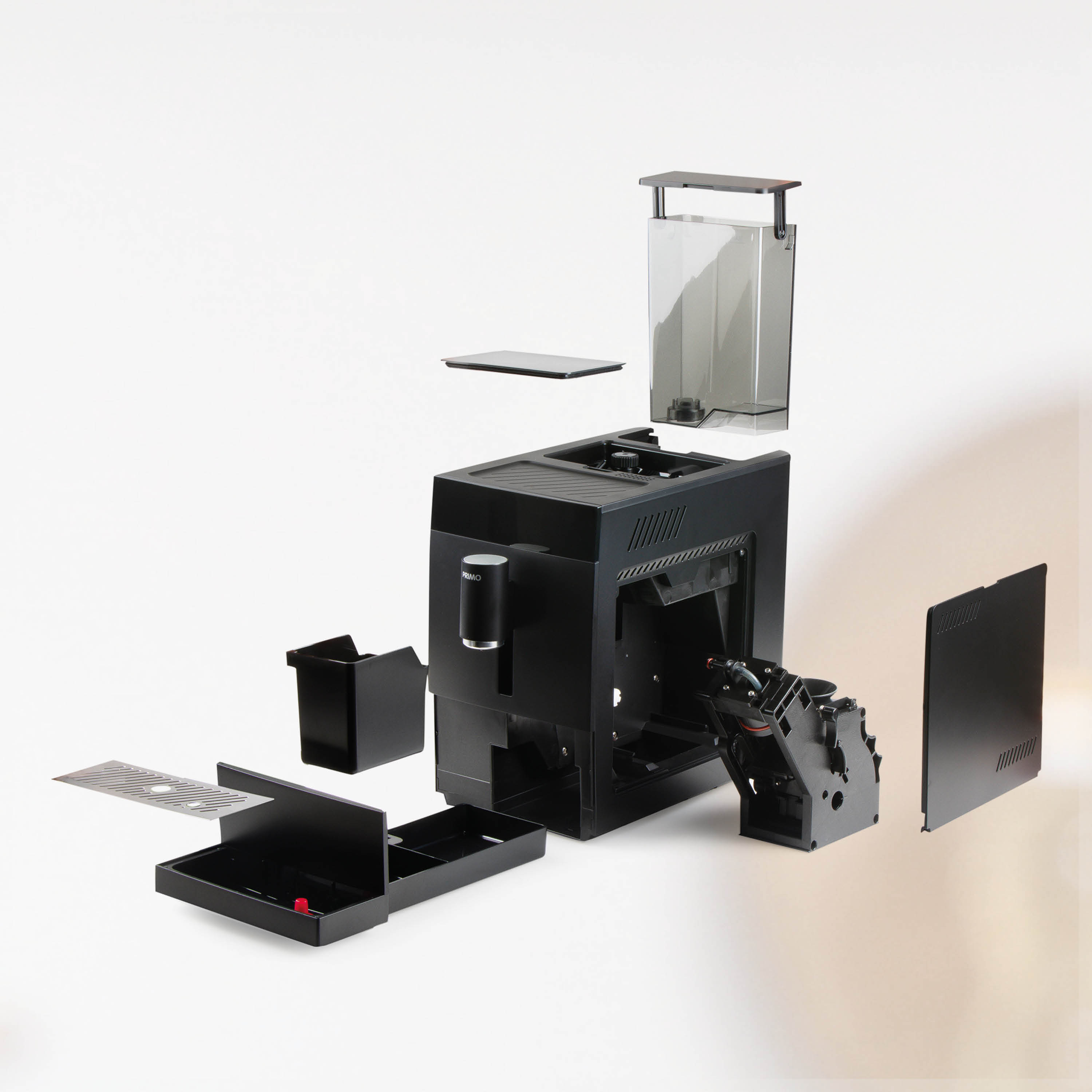 Vue éclatée d'une machine à expresso noire. Inclut réservoir d'eau, bac d'égouttement et broyeur.
