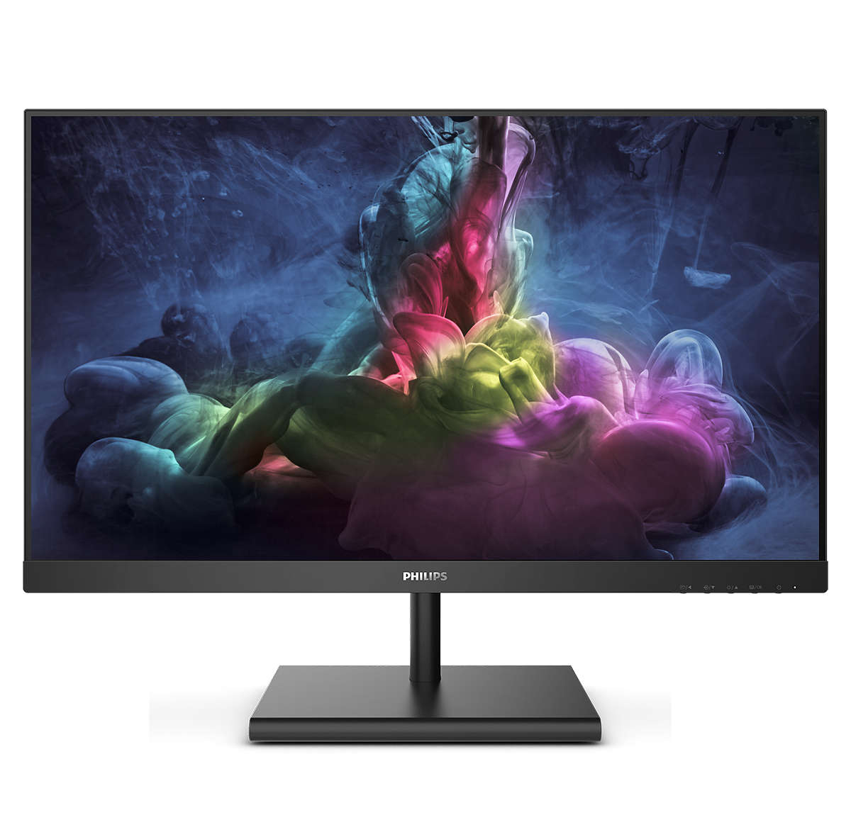 Renkli sanatsal arka planlı bilgisayar monitörü, siyah stand ve çerçeve.