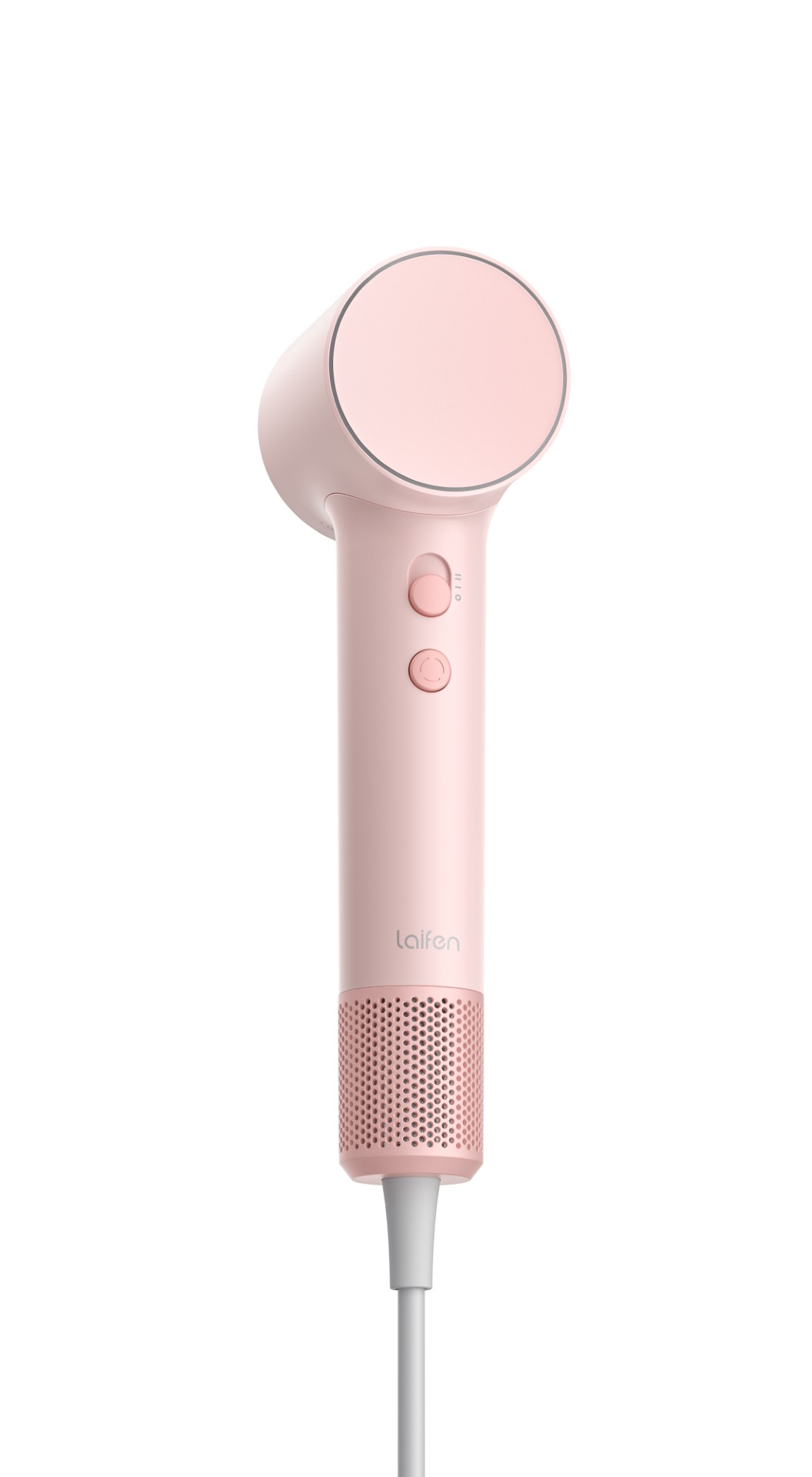 Asciugacapelli rosa con due pulsanti e una presa d'aria. Un cavo bianco è collegato in basso.