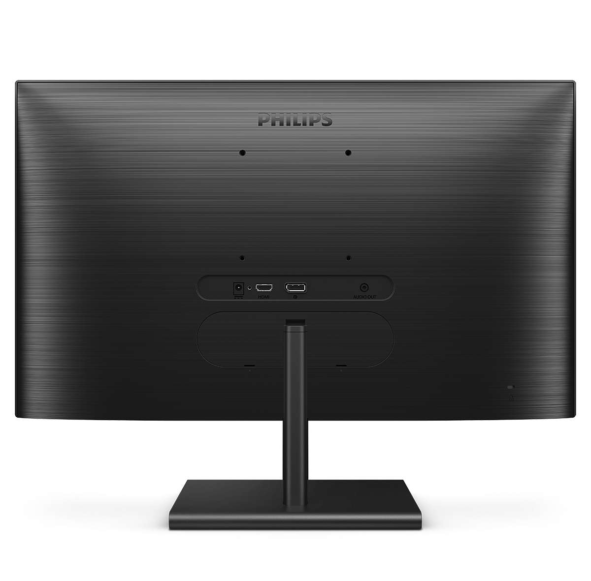 Siyah bir Philips monitörün arkası. Ses, HDMI ve güç için bağlantı noktaları vardır. Bir stand takılıdır.