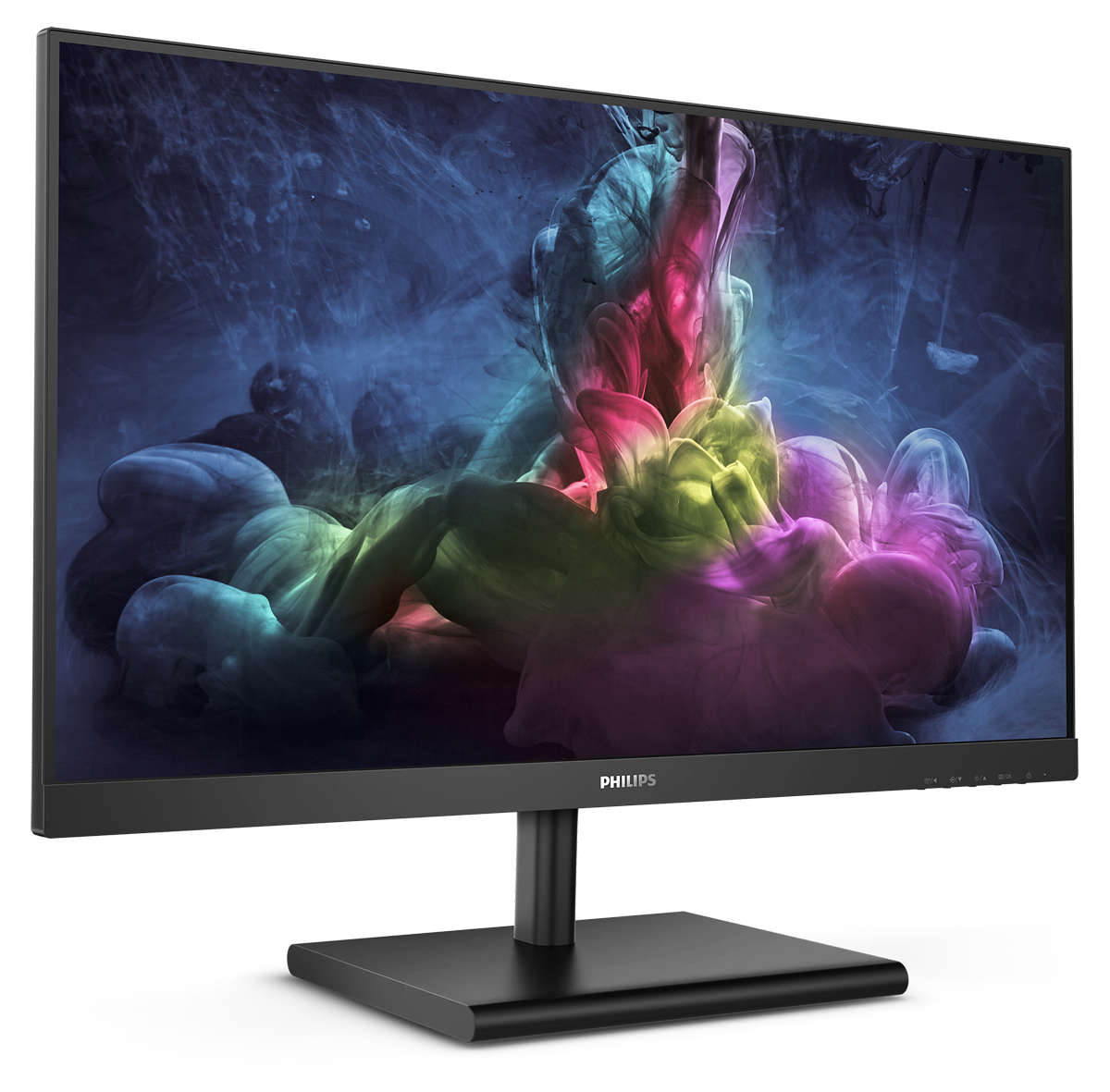 Bir Philips monitör, renkli, dönen boyayı görüntüler. Ekran karanlık. Siyah bir tabana ve çerçeveye sahip.