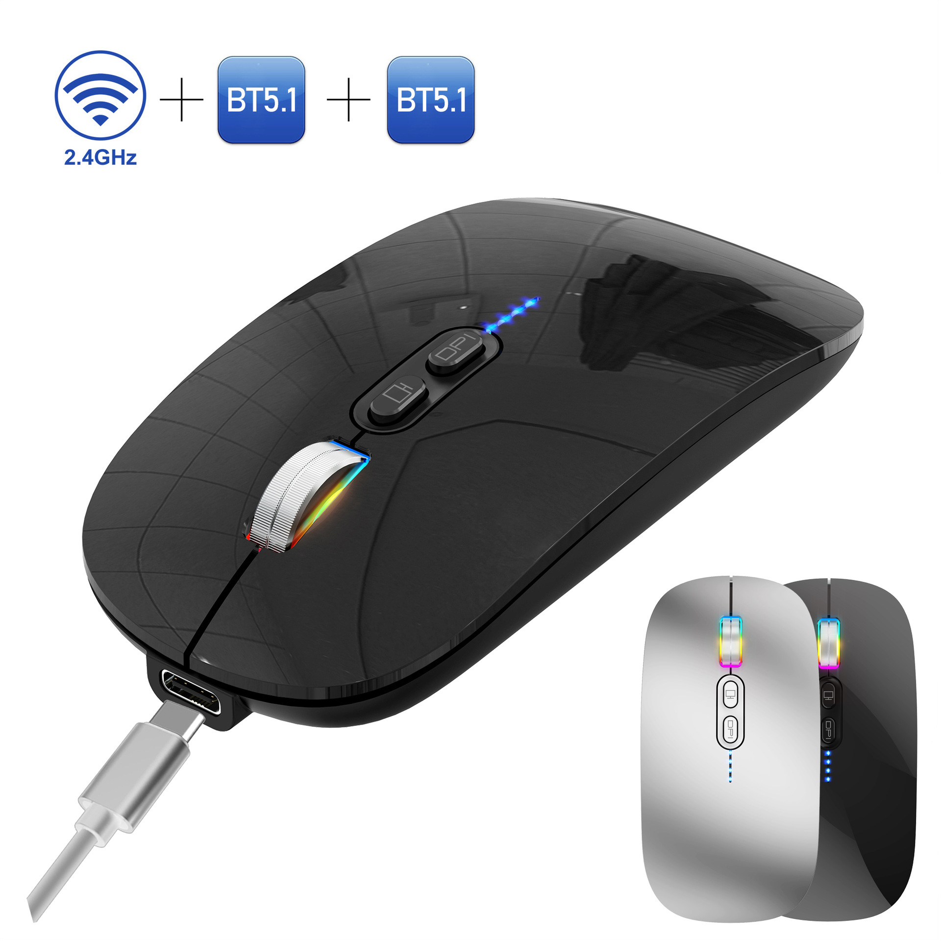 Schwarz-silberne kabellose Maus mit USB-C-Anschluss. Zwei weitere Mäuse sind ebenfalls sichtbar.