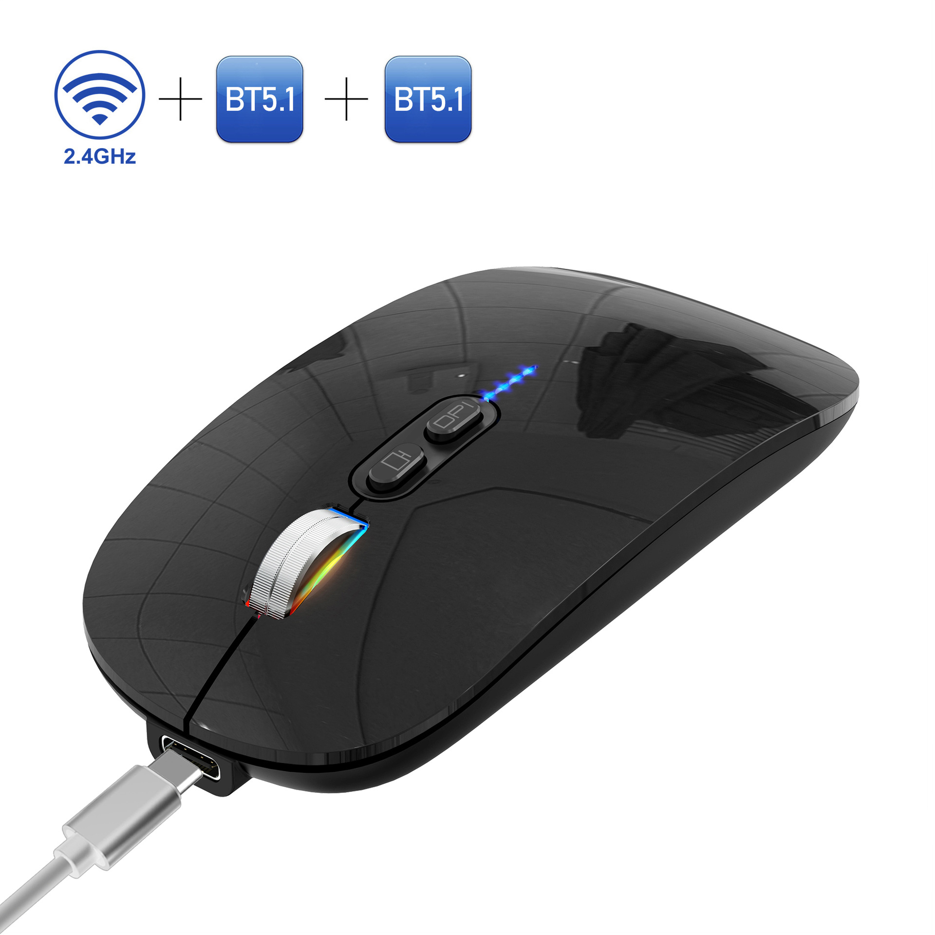 Schwarze kabellose Maus mit Ladekabel, mit Lichtleiste und Tasten.