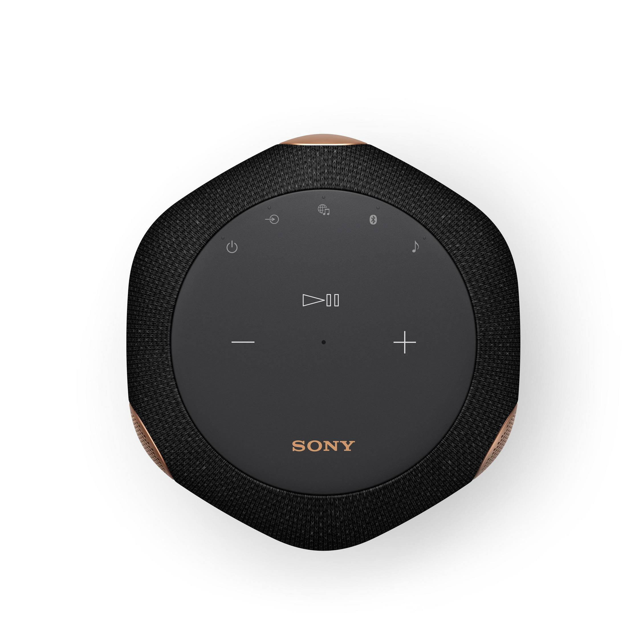 Schwarzer und bronzefarbener Lautsprecher mit Lautstärke- und Abspieltasten. SONY-Logo auf dem Lautsprecher.