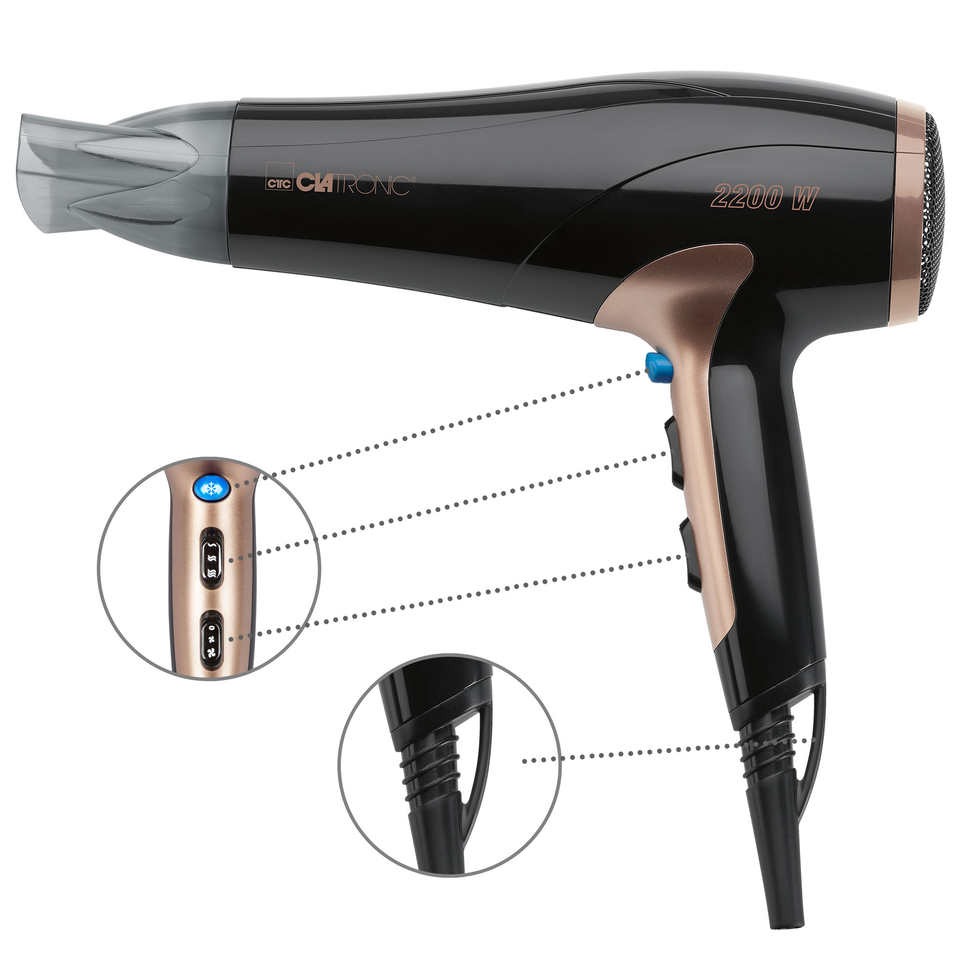 Czarna i miedziana suszarka do włosów, z przyciskami i ustawieniami w zbliżeniu, na białym tle.