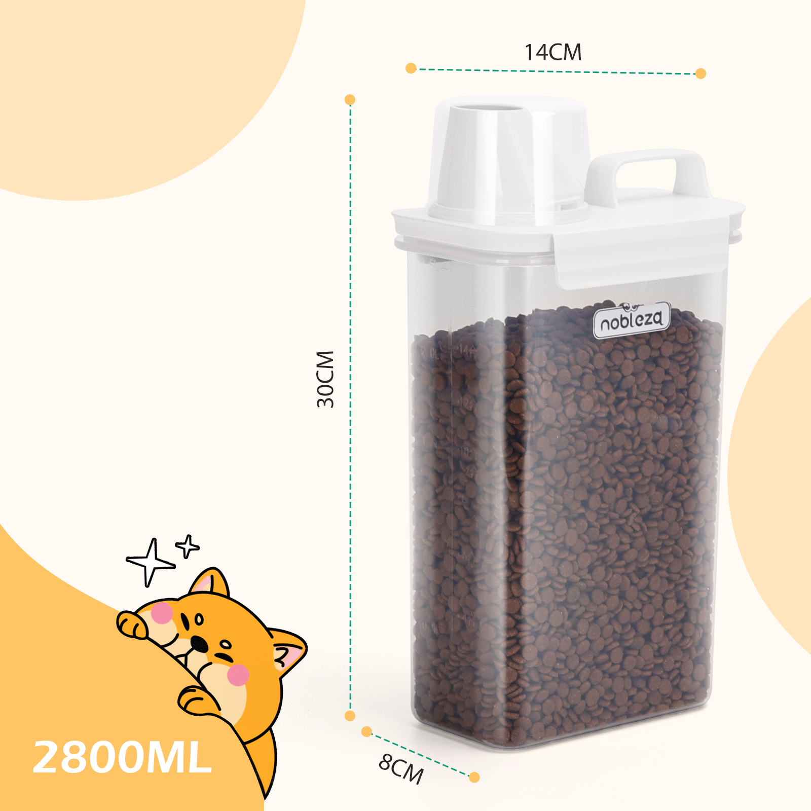 Contenedor transparente de comida para mascotas. Tiene tapa y asa blancas. El contenedor está lleno de comida marrón.