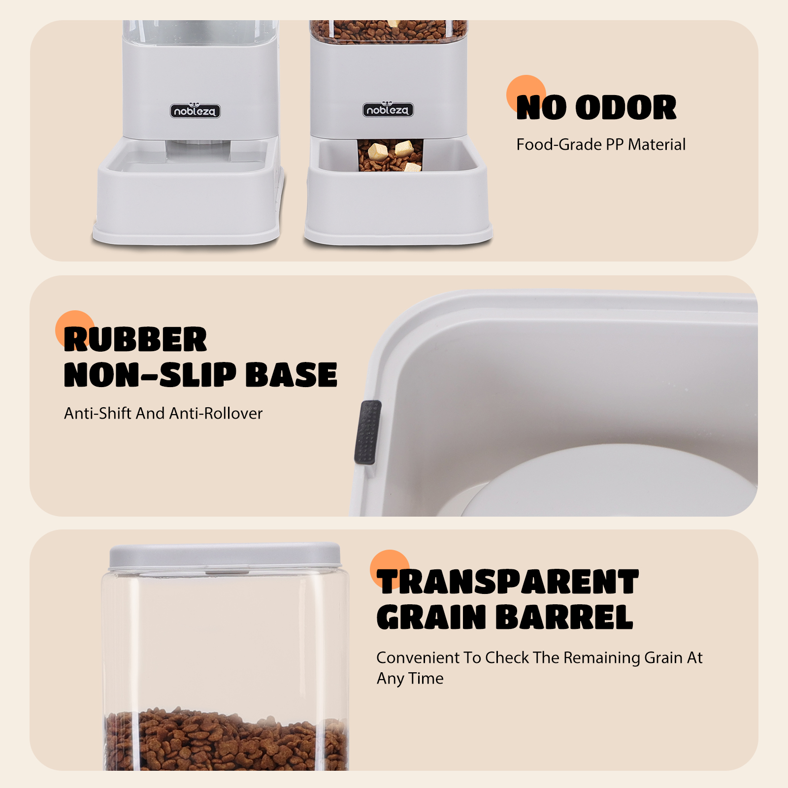 Dispensador de comida para mascotas blanco. Tiene un barril de grano transparente, una base antideslizante y no tiene olor.