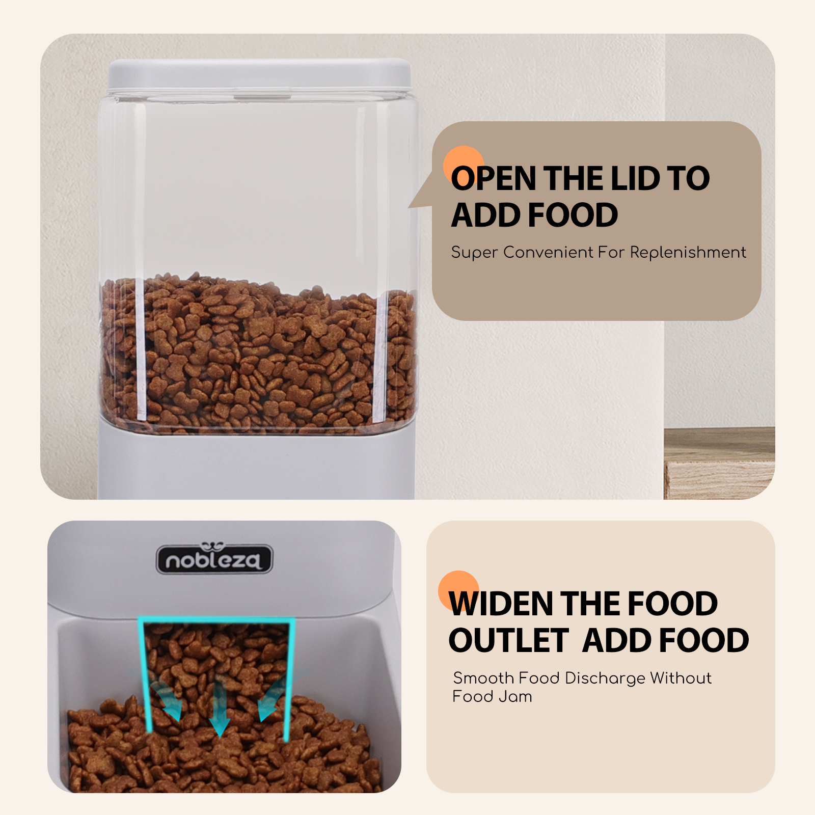 Dispensador automático de comida para mascotas. Compartimento superior abierto mostrando comida.