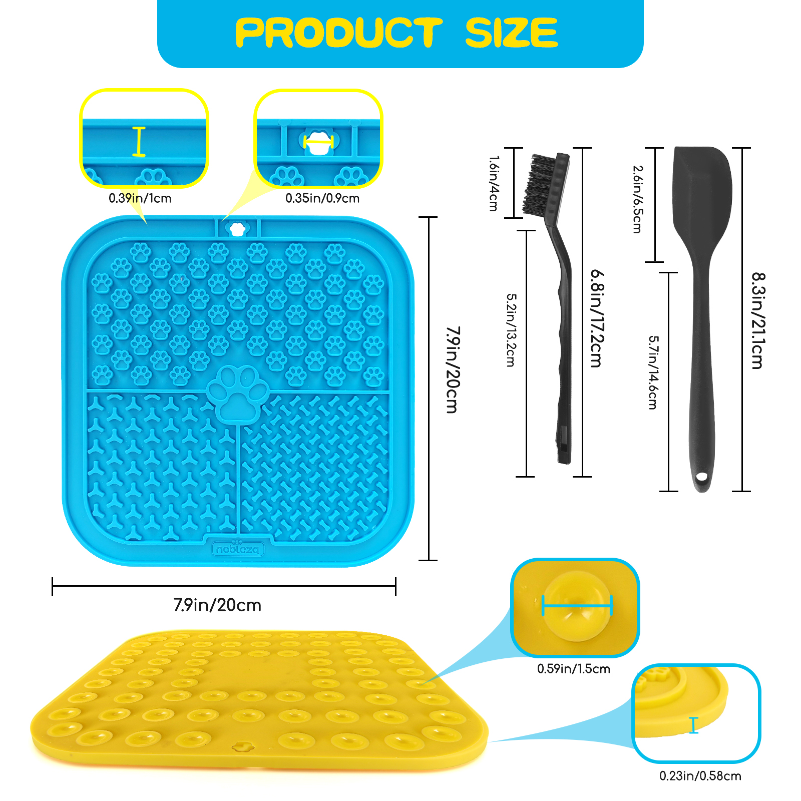 Diagrama de tamaño del producto que muestra una alfombra azul para comida de perro y medidas.