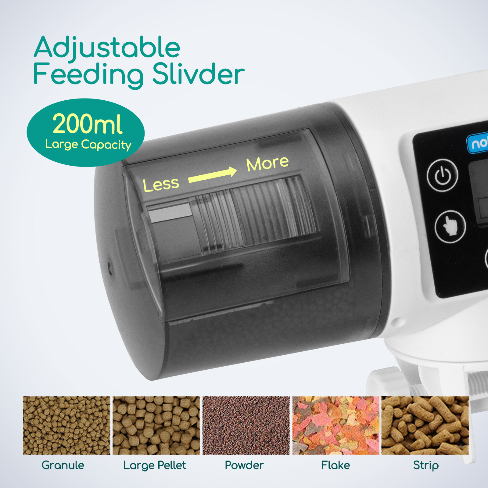 Dispensador de comida para peces con 200 ml de capacidad, control deslizante ajustable y diferentes tipos de comida.