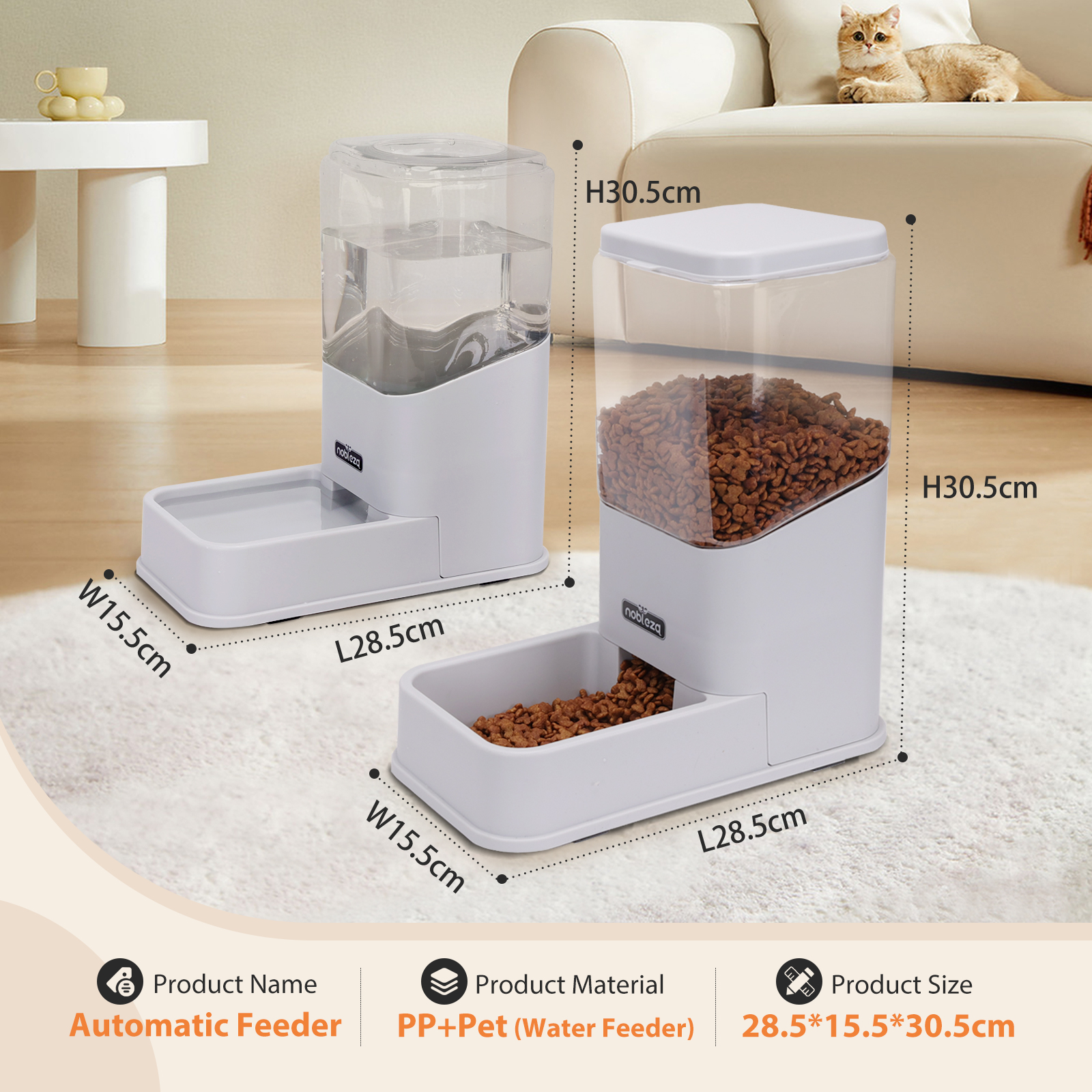 Dispensador de alimentos para mascotas blanco, con agua y comida, medidas y gato en el fondo.