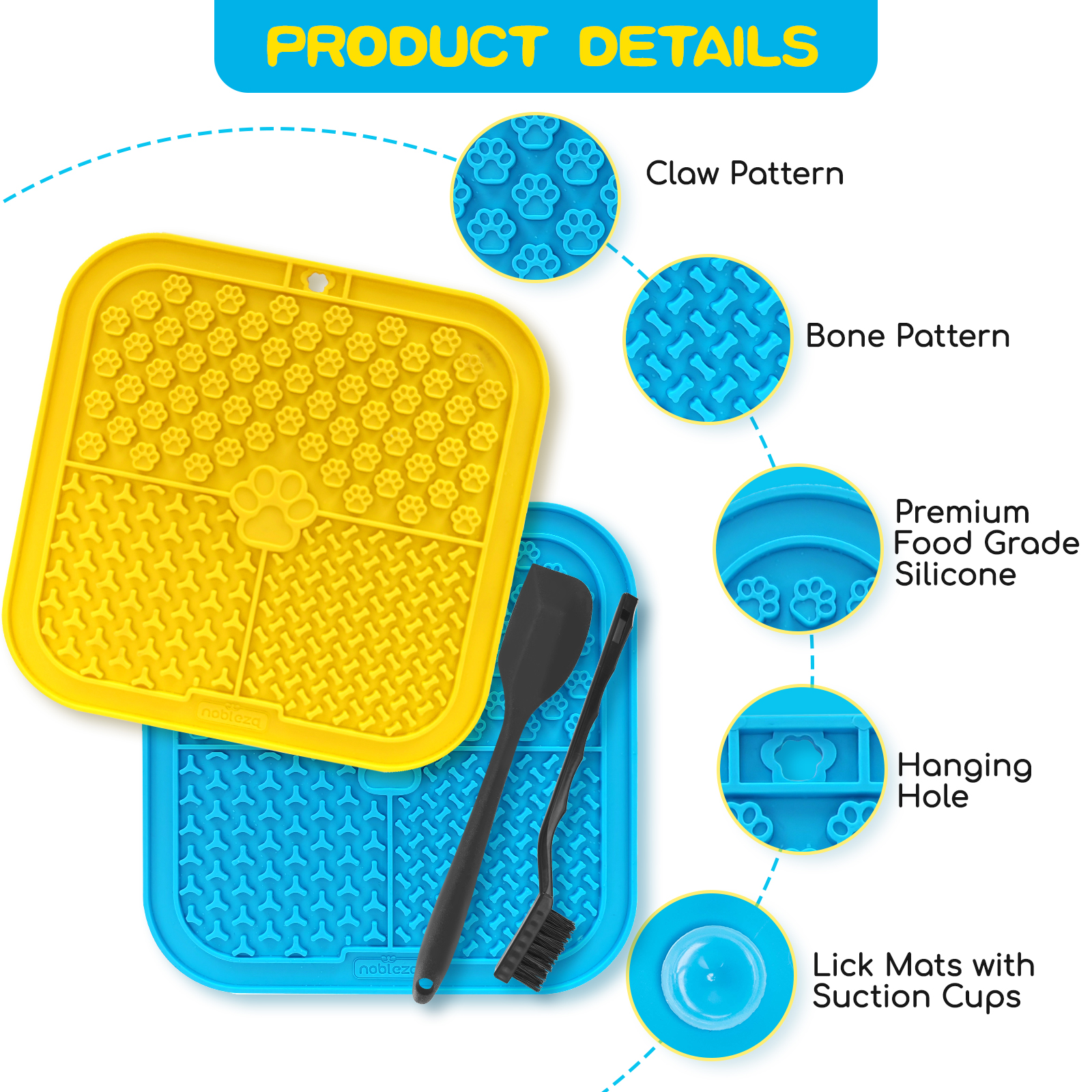 Alfombras para lamer para perros amarillas y azules con patrones de patas, huesos y ventosas, con cepillo y espátula negros.