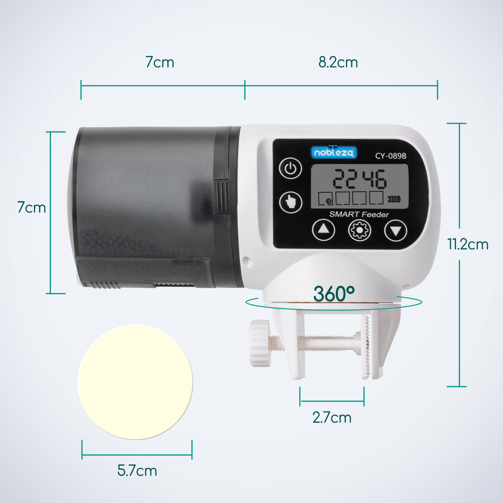 Dispensador de comida para peces inteligente blanco y negro con pantalla digital, dimensiones y círculo amarillo.