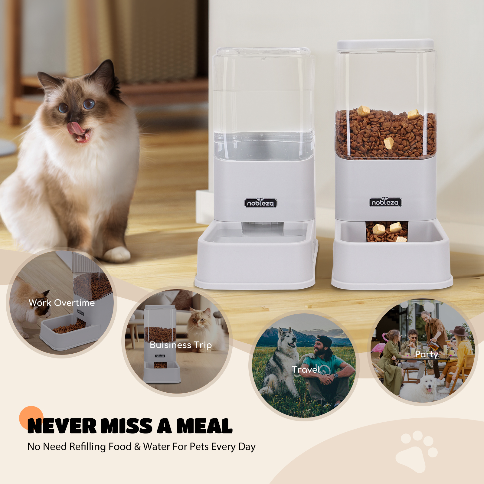 Dos dispensadores de comida para mascotas blancos con comida y agua, con imágenes de mascotas y situaciones.