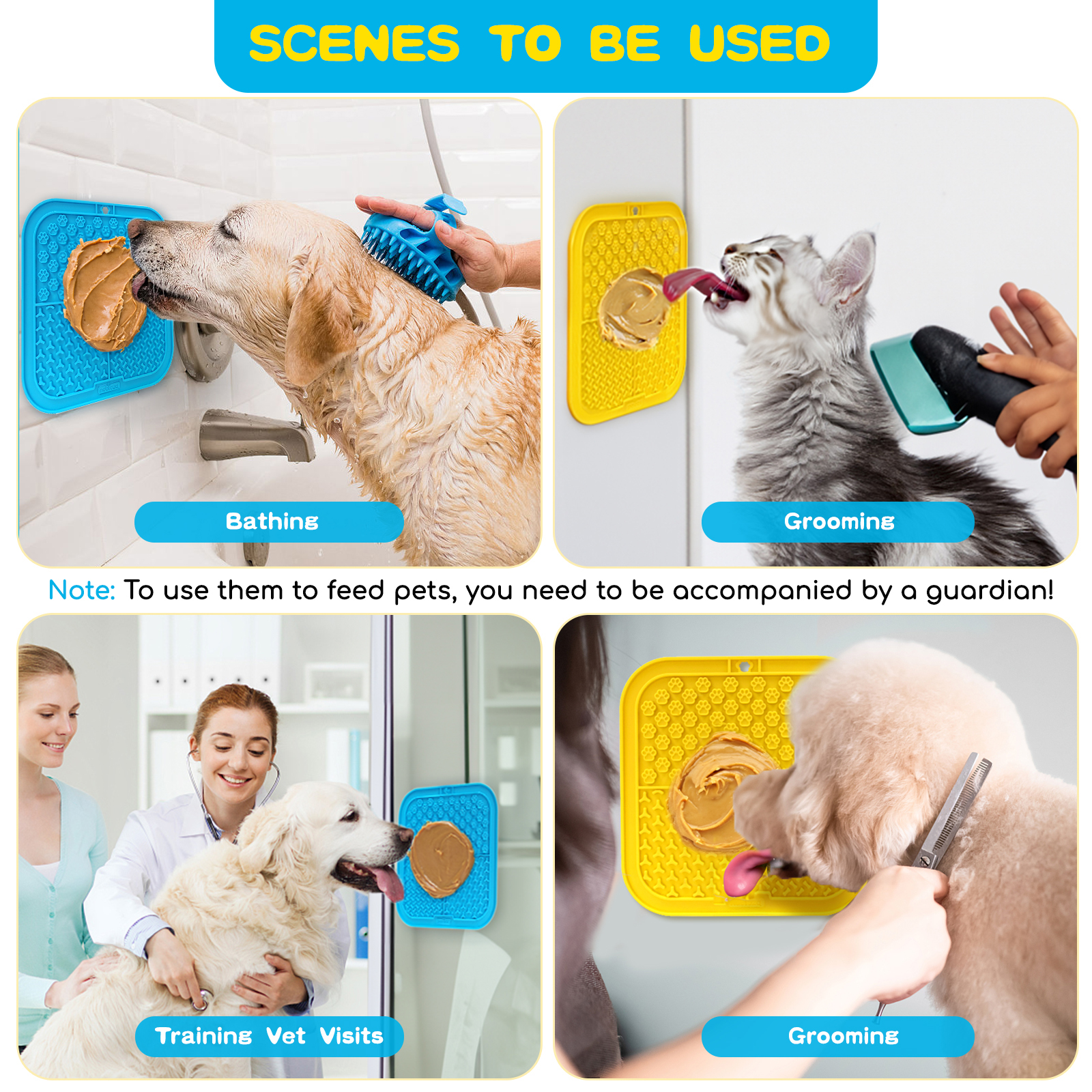 Cuatro escenas de mascotas usando una alfombra de alimentación. Se muestran baño, aseo, visitas al veterinario y aseo.