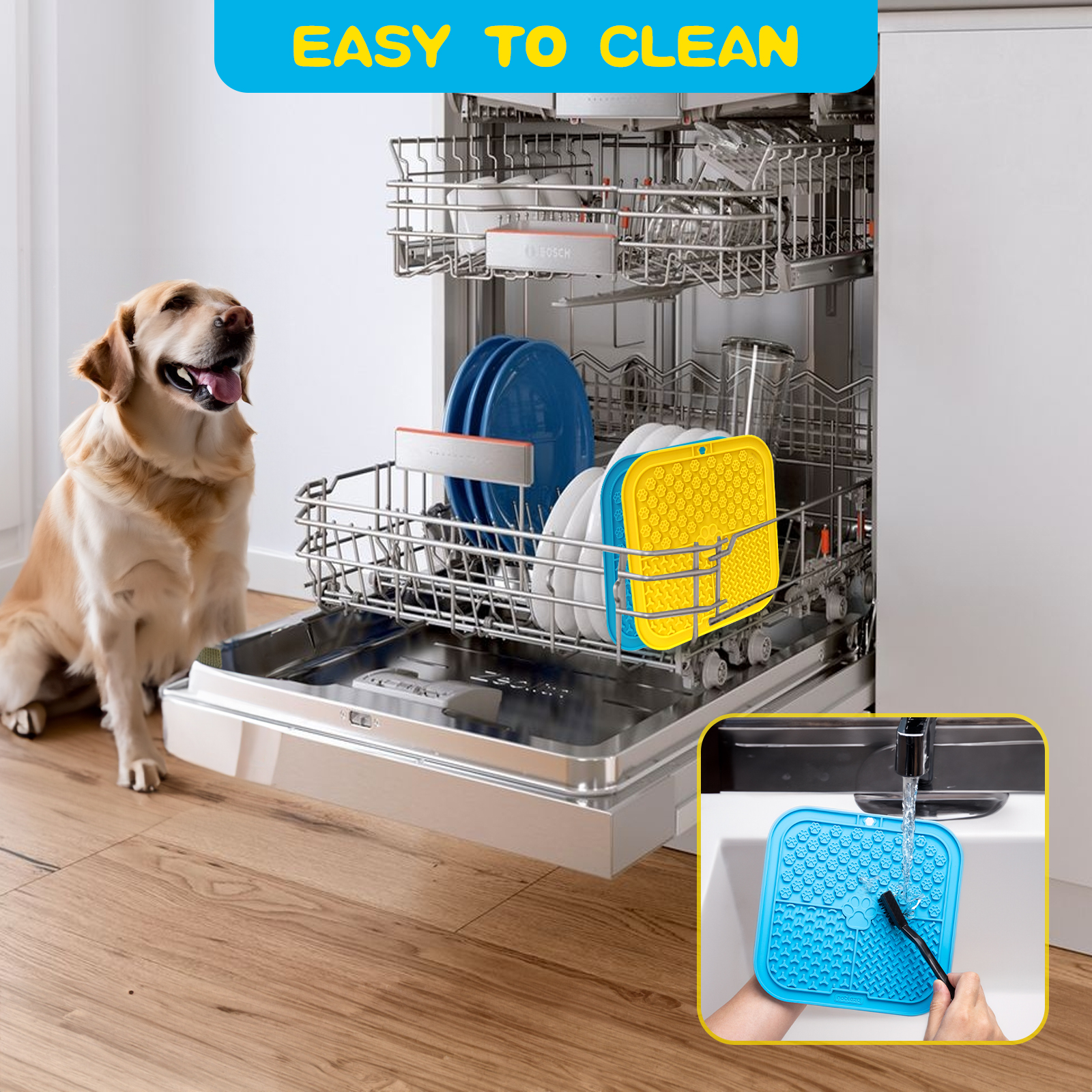 Alfombras de secado de platos amarillas y azules y platos en lavavajillas con un perro, cocina blanca.