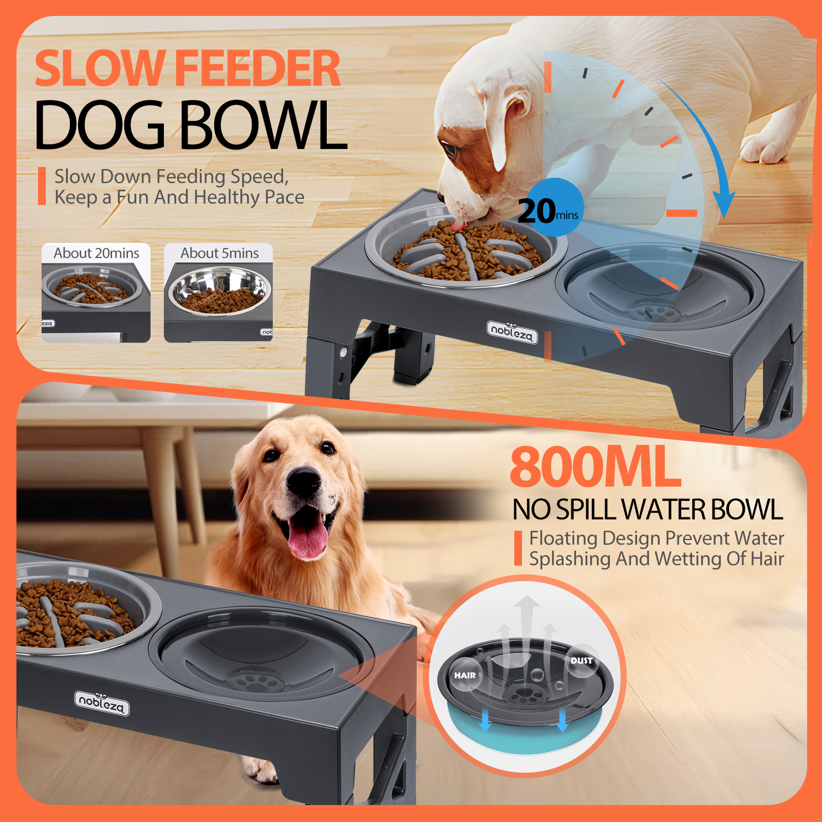 Comederos para perros con dos secciones, una etiquetada 'slow feeder'. Otro cuenco muestra el diseño del cuenco de agua.