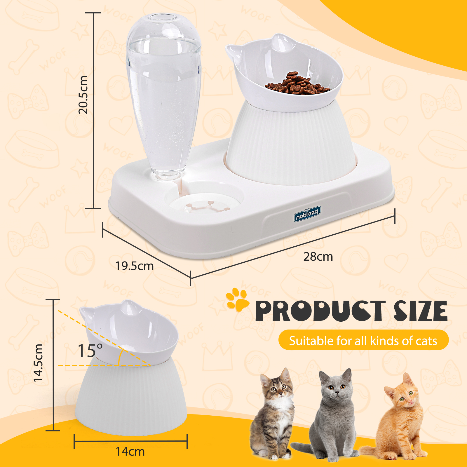 Dispensador blanco de comida y agua para gatos. Tiene una botella de agua transparente y un cuenco para comida. Tres gatos delante.
