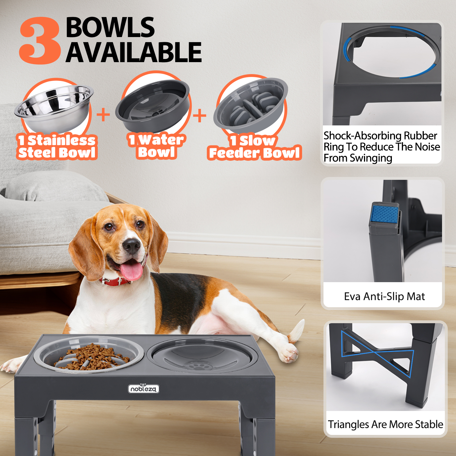 Perro y juego de cuencos para perros. Un perro beagle en primer plano. 3 cuencos disponibles.