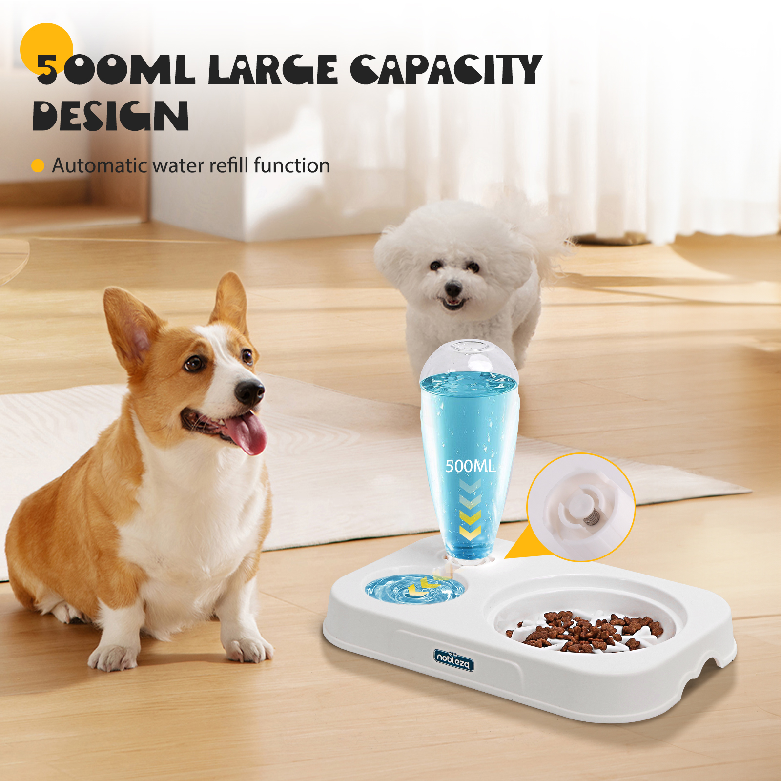 Corgi y caniche cerca de un dispensador de agua para mascotas con comedero. El texto dice: diseño de gran capacidad de 500 ml.