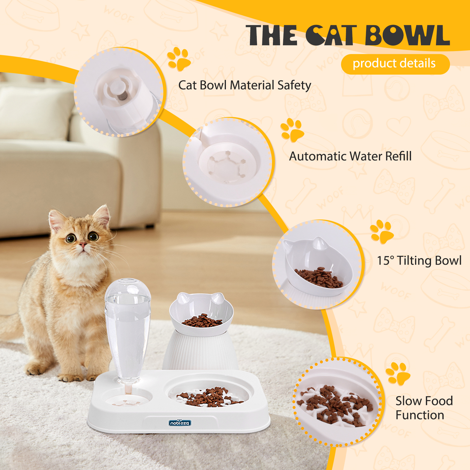 Juego de cuenco para gatos con dispensador de agua, comedero y detalles del producto.