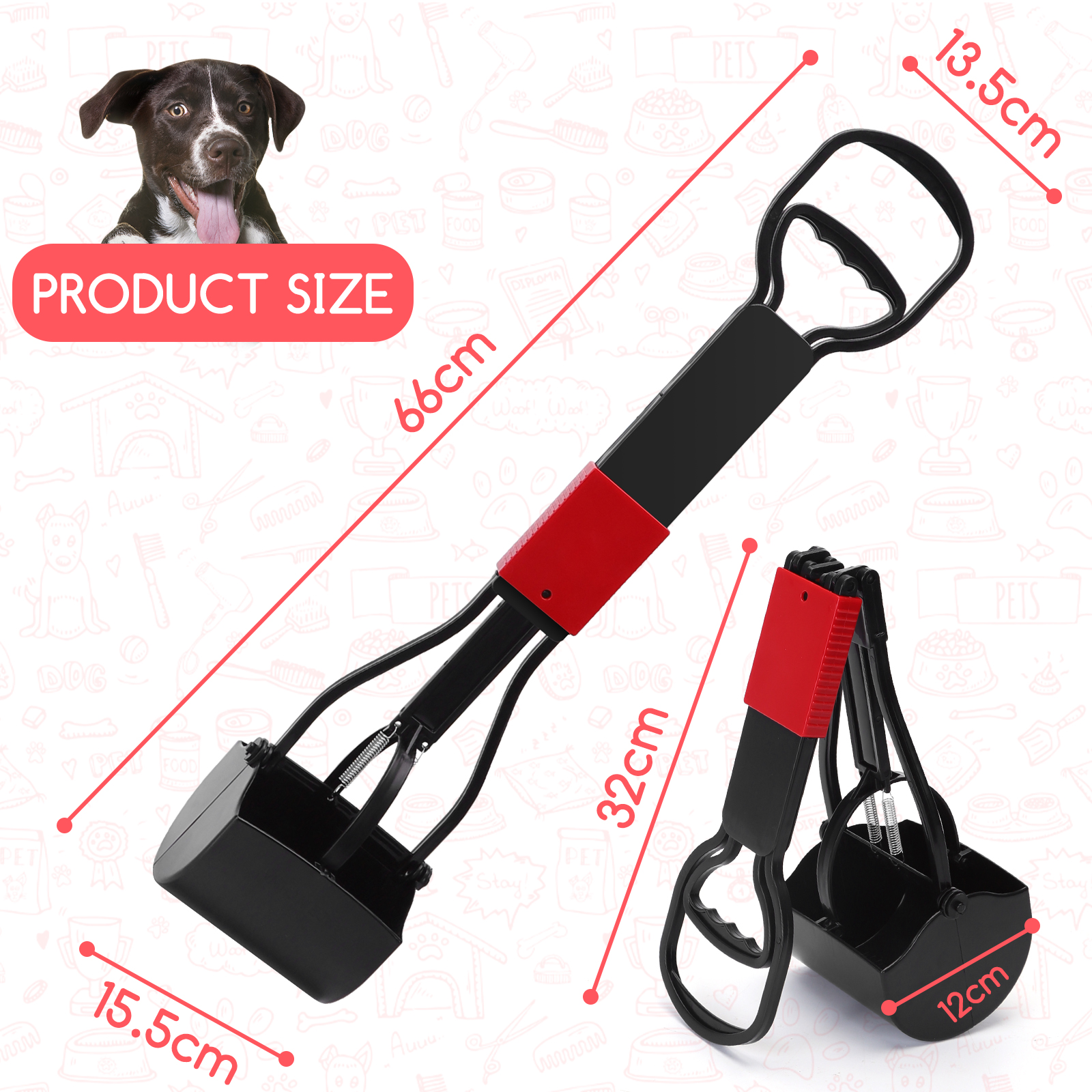 Recogedor de heces de perro con dimensiones. Un perro es visible en el fondo.