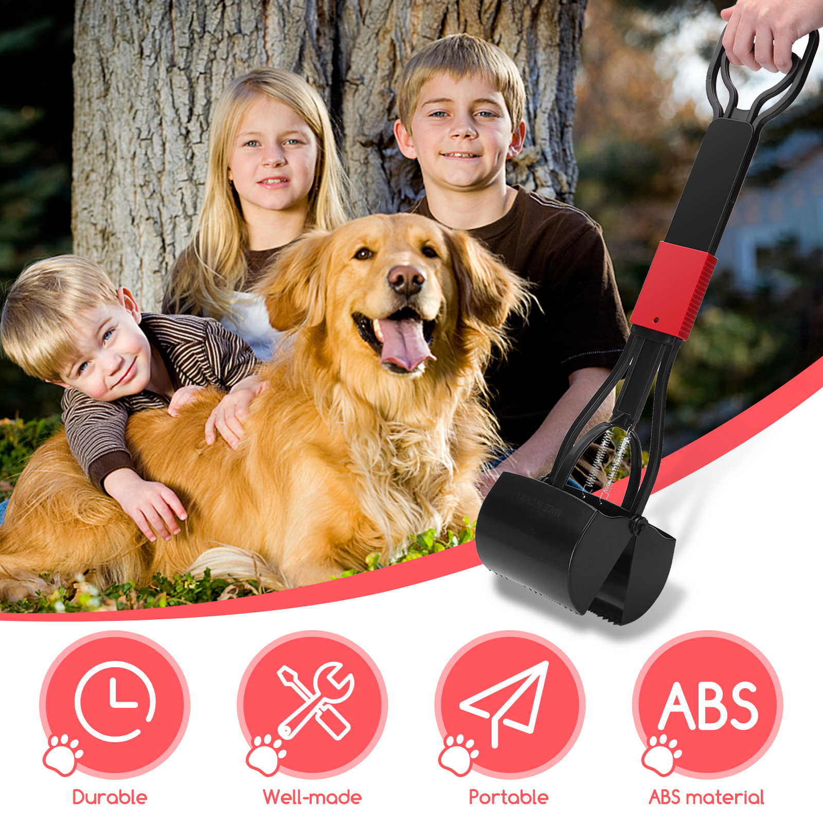 Tres niños y un perro con recogedor de heces, iconos de Duradero, Bien hecho, Portátil y ABS.