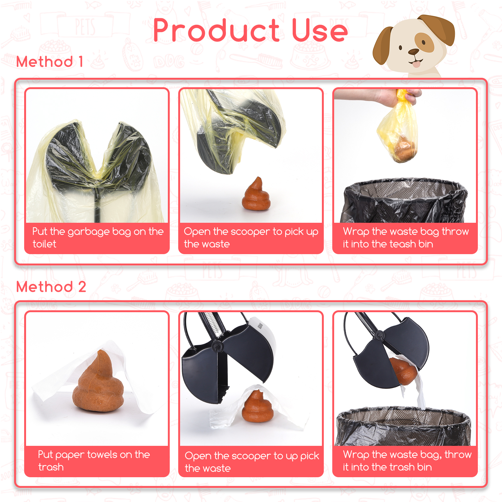 Instrucciones para recoger excremento canino con bolsa o papel.