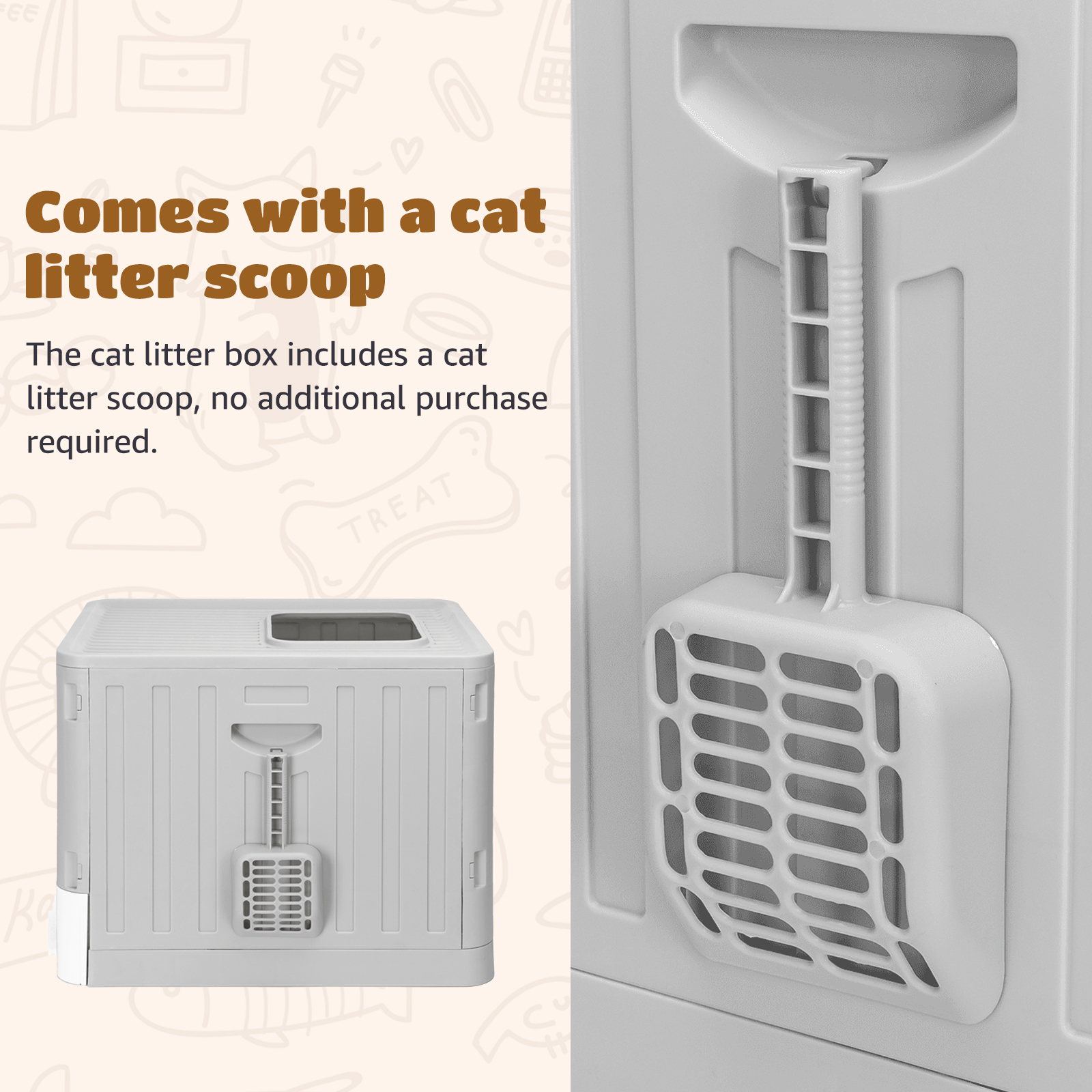 Arenero para gatos con pala, mostrando una caja plegada y una pala al lado.