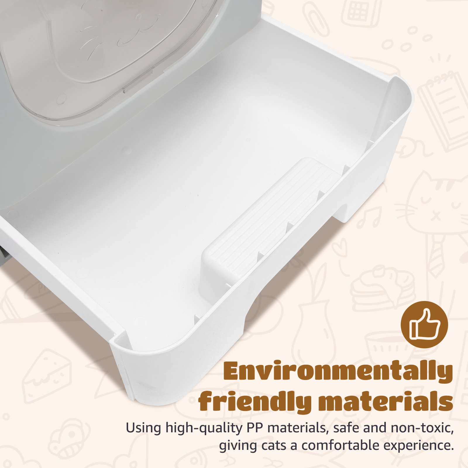 Una caja de arena blanca para gatos con tapa extraíble. El texto dice que está hecha de materiales ecológicos.