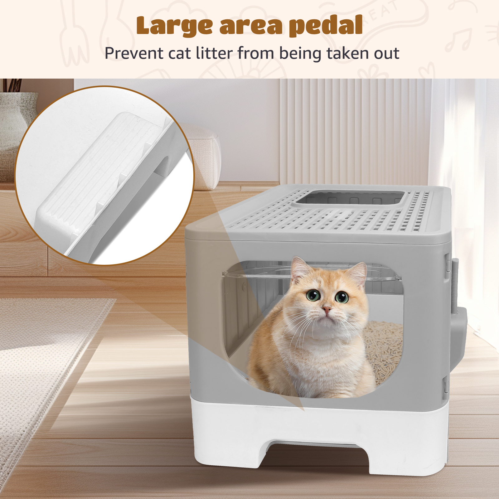 Un gato en una caja de arena gris y blanca con un pedal de área grande.