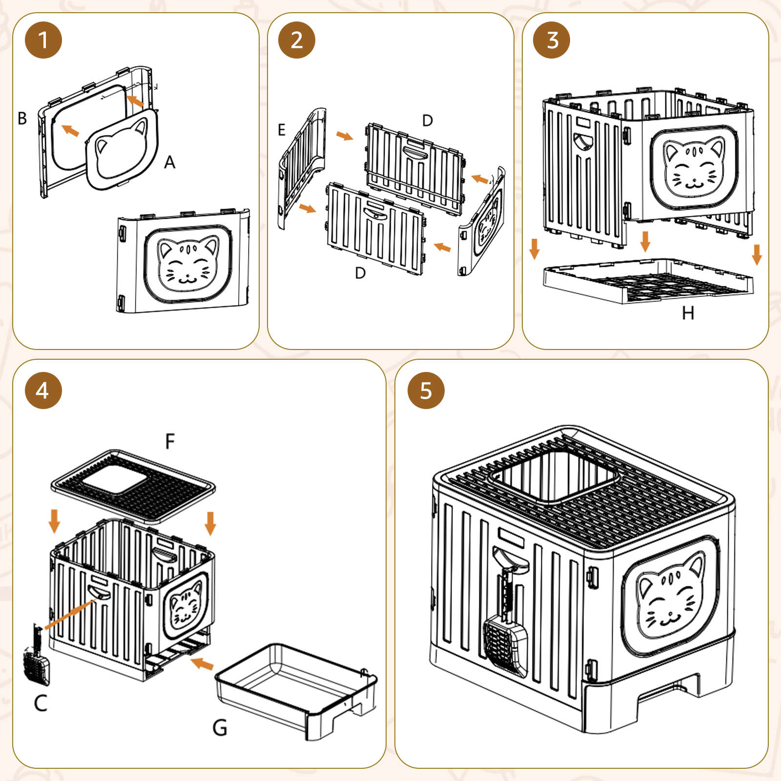 Diagrama que muestra los pasos de montaje de una caja de arena para gatos. La caja es blanca con una cara de gato.