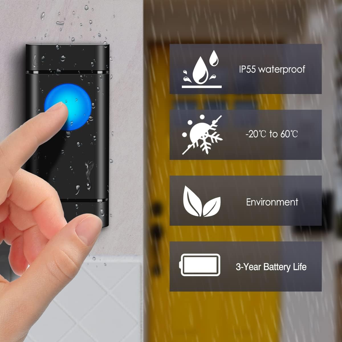 Eine schwarze Türklingel mit blauem Licht, ein Finger berührt sie. Informationen zu wasserdicht und Akkulaufzeit.