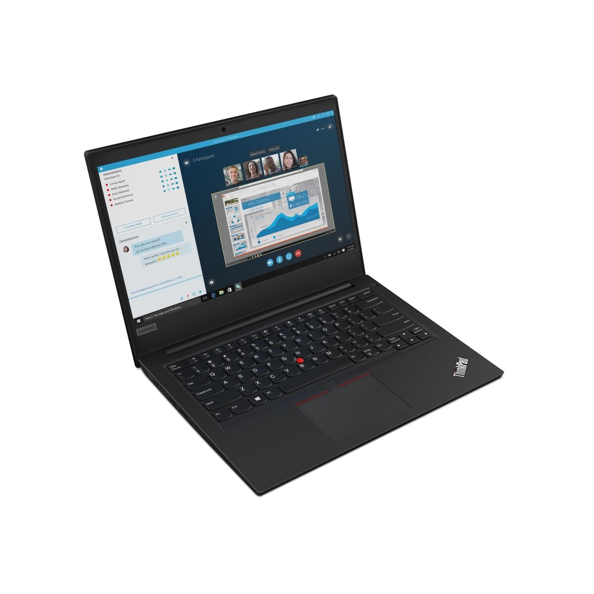Schwarzer Lenovo Laptop, geöffnet, zeigt einen Videoanruf mit Personen auf dem Bildschirm.