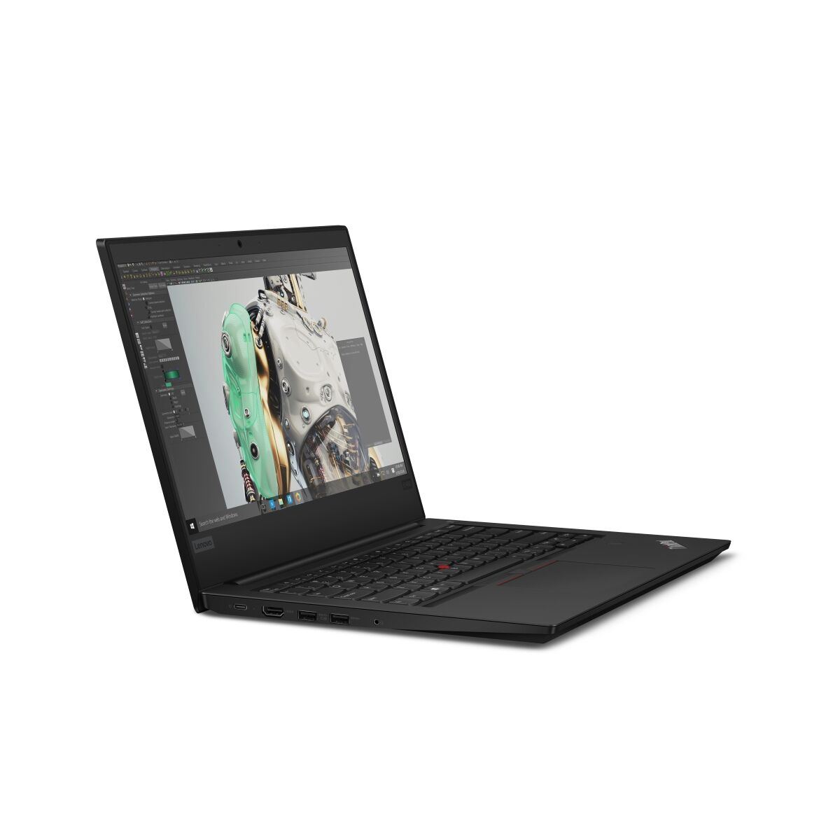 Schwarzer Laptop auf weißem Hintergrund, geöffnet auf einem Bildschirm mit 3D-Modell.