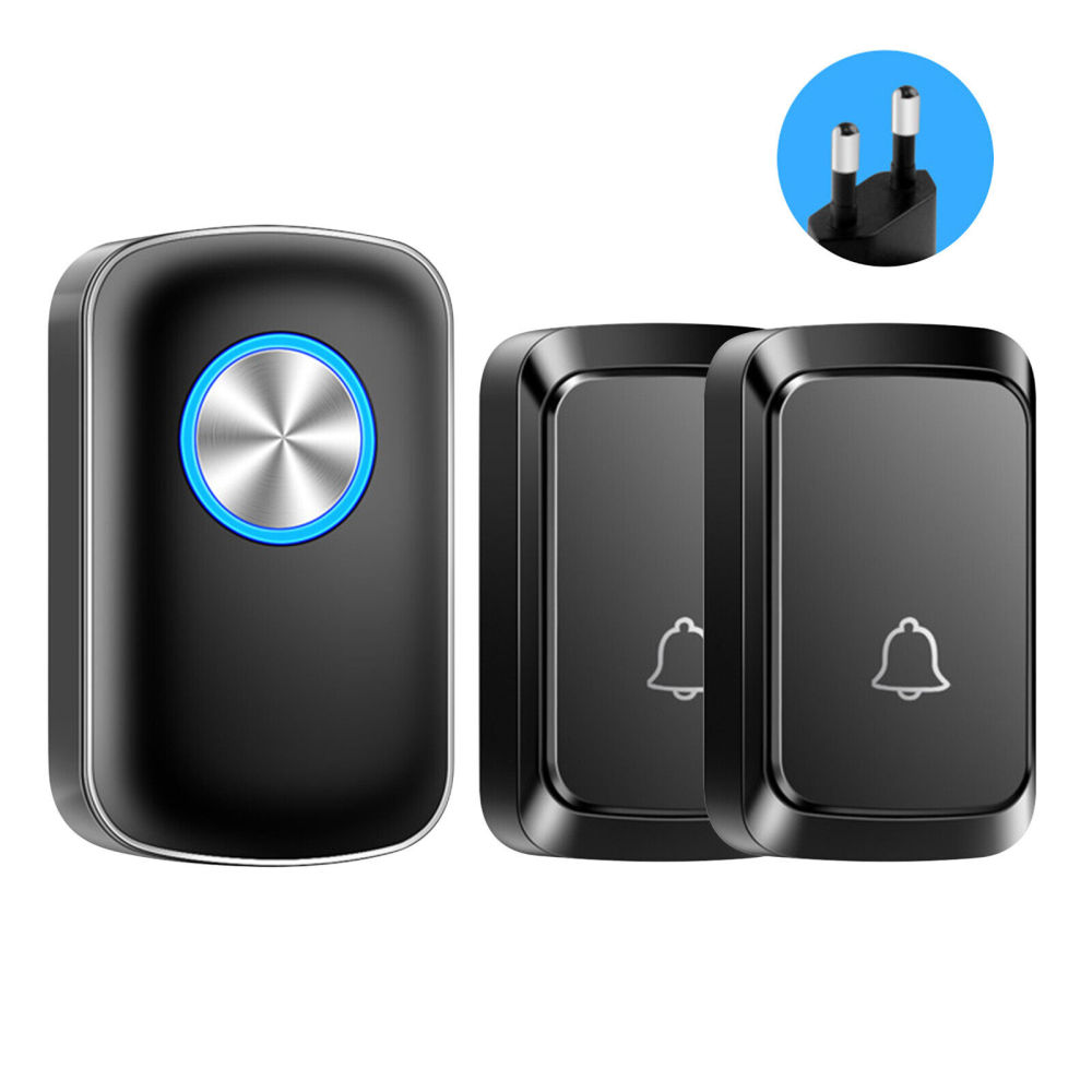 Zwei Türklingeln und ein Plug-in-Empfänger auf weißem Hintergrund. Die Türklingeln sind schwarz und haben ein blaues Licht.