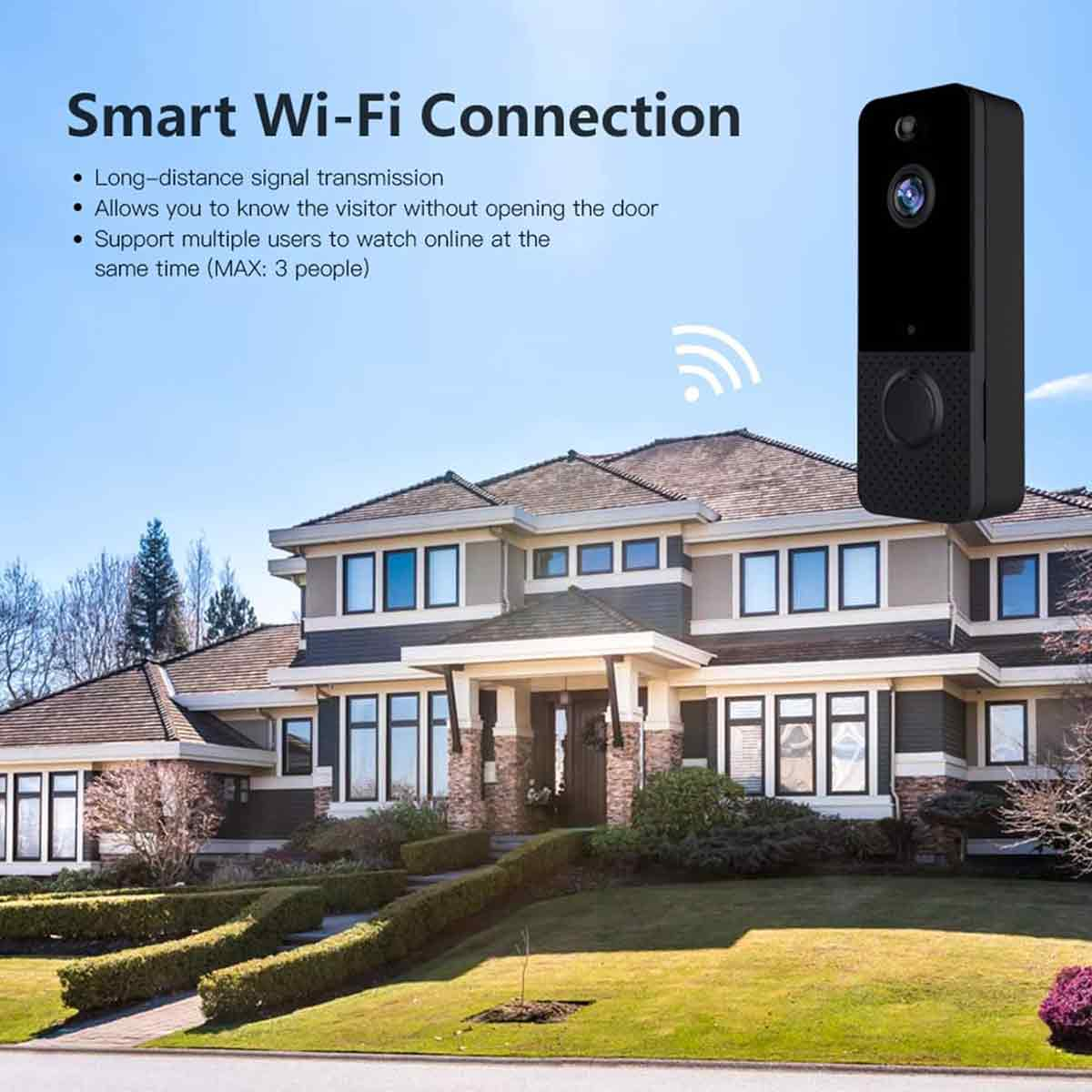 Intelligente WLAN-Türklingel an einem Haus. Die Türklingel ist schwarz, mit Kamera und Lautsprechern.