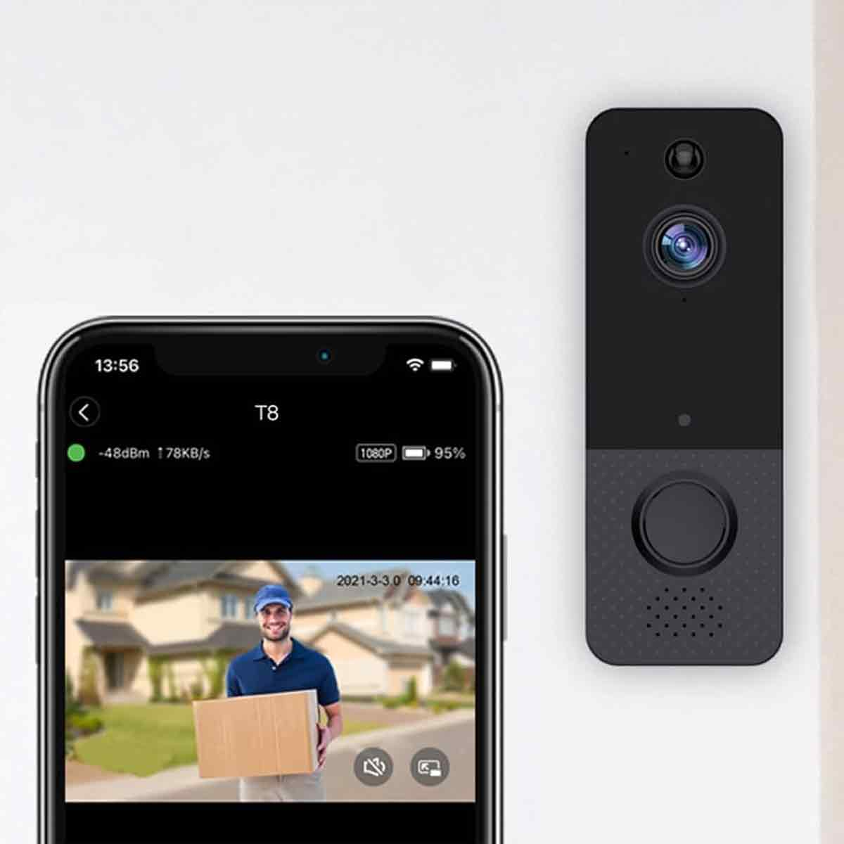 Smartphone-Bildschirm mit Video eines Zustellers. Verbunden mit einer Türklingel.