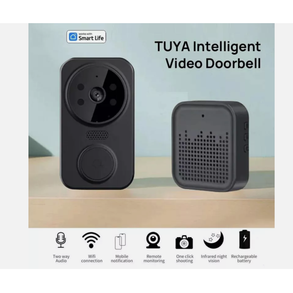 Schwarze Video-Türklingel mit Symbolen für Audio, WLAN, mobile Benachrichtigung, Überwachung, Aufnahme und Akku.