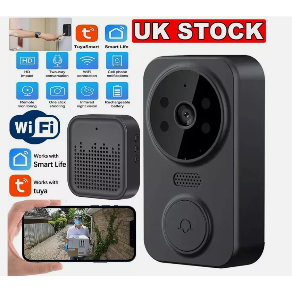 Schwarze intelligente Türklingel mit Wi-Fi und UK-Lageretikett. Enthält Symbole für Funktionen.