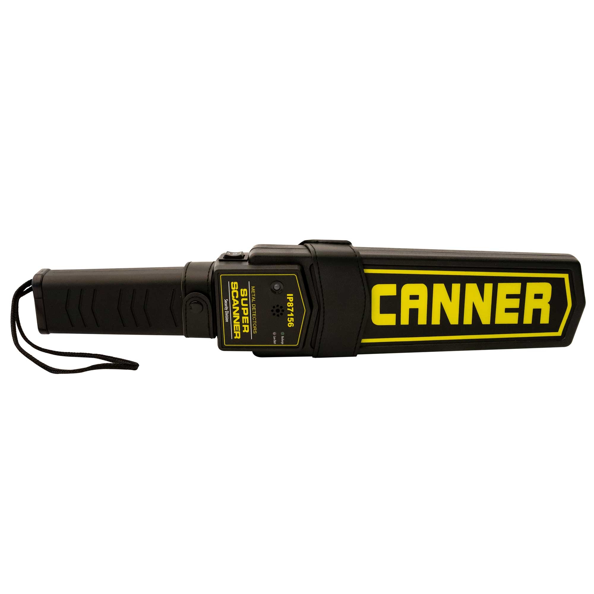 Schwarzer Metalldetektor mit gelbem "CANNER"-Etikett. Er hat einen Griff und eine Suchspule.
