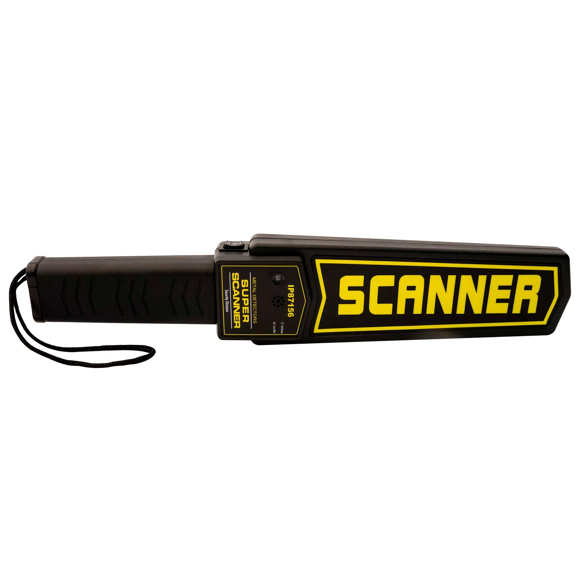 Ein schwarzer Metalldetektor mit gelbem "SCANNER"-Etikett. Weißer Hintergrund.