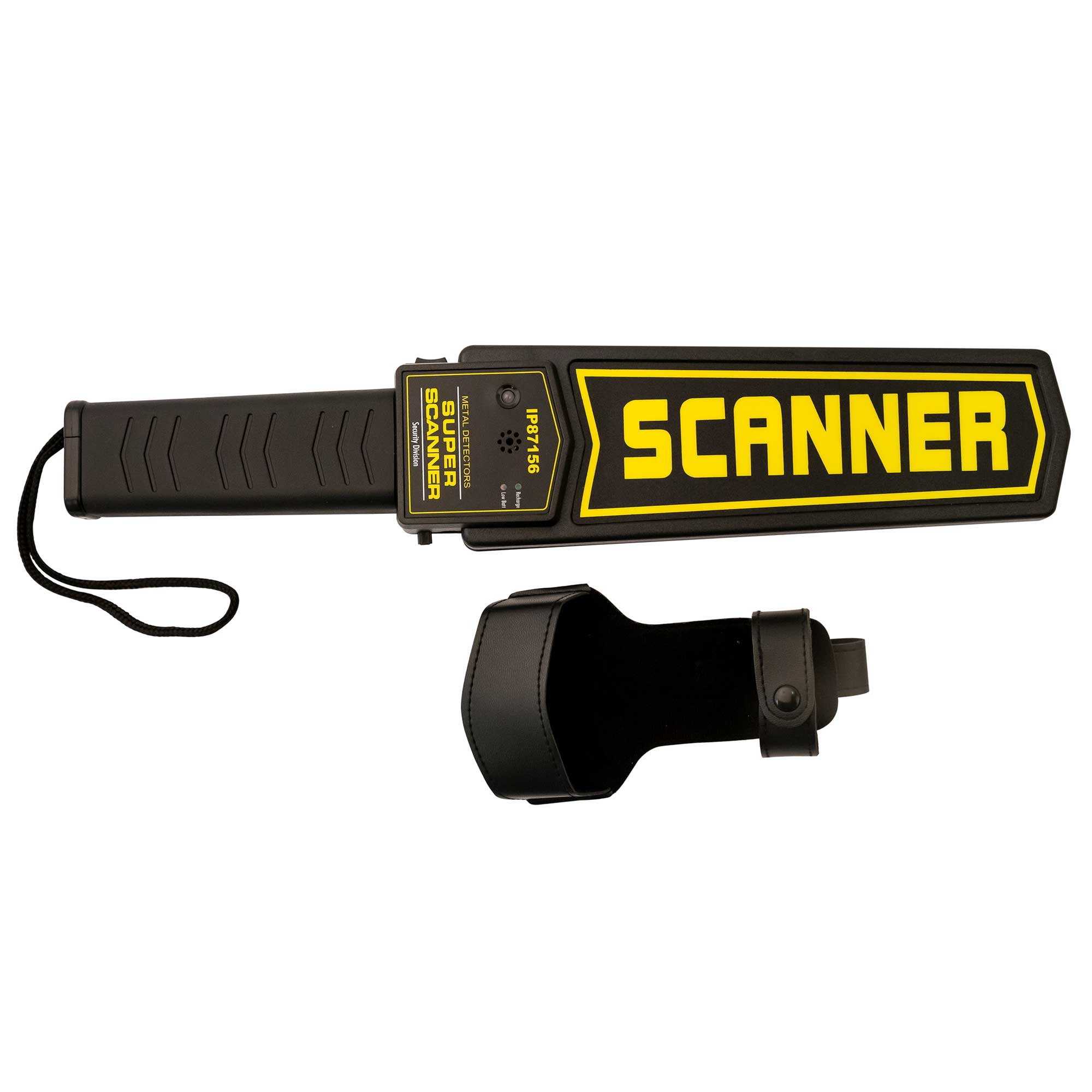 Metalldetektor mit schwarzem Griff und gelb beschriftetem Scannerkopf.