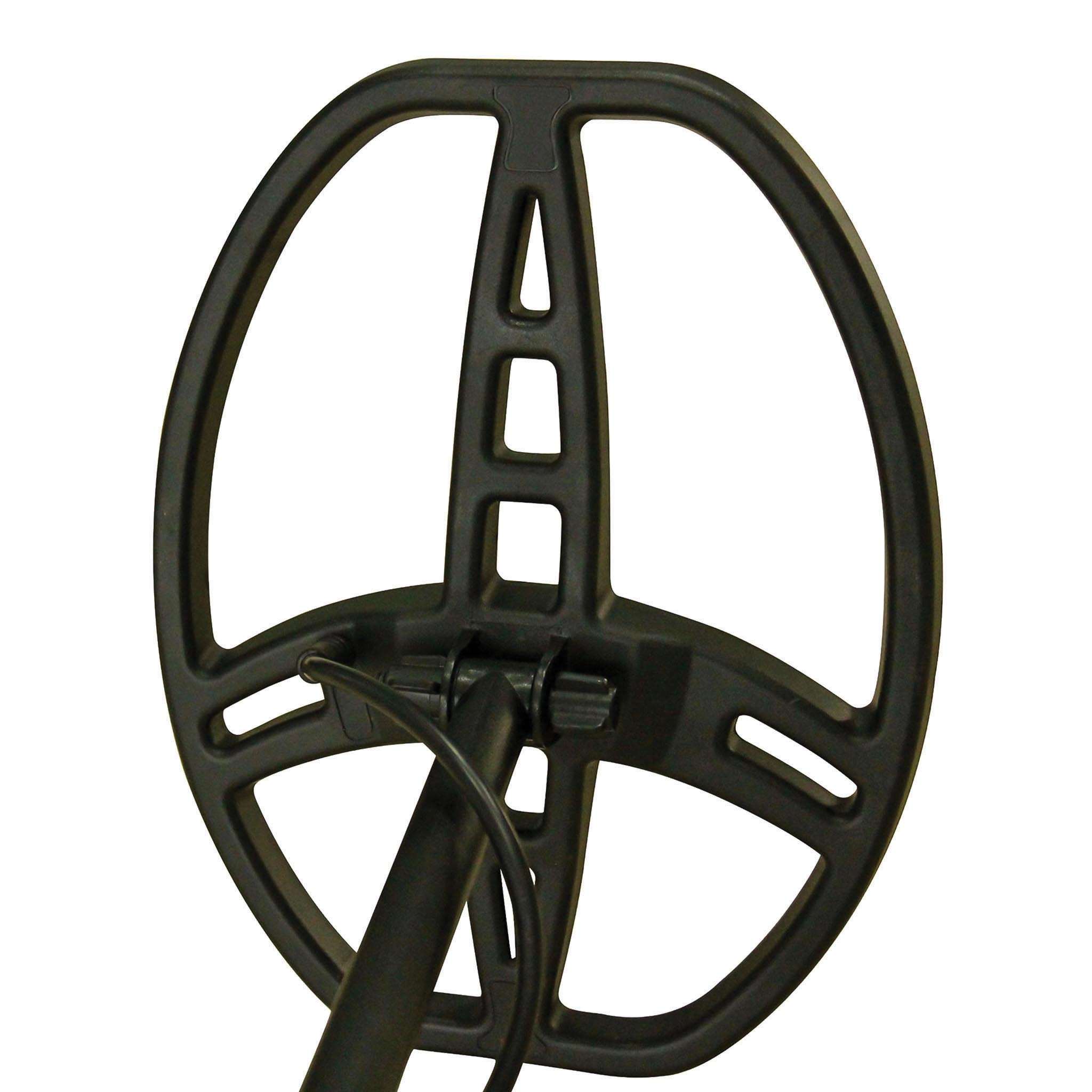 Schwarze Metalldetektor-Spule mit zentraler Tragstruktur und Anschlusskabel, alles vor weißem Hintergrund.