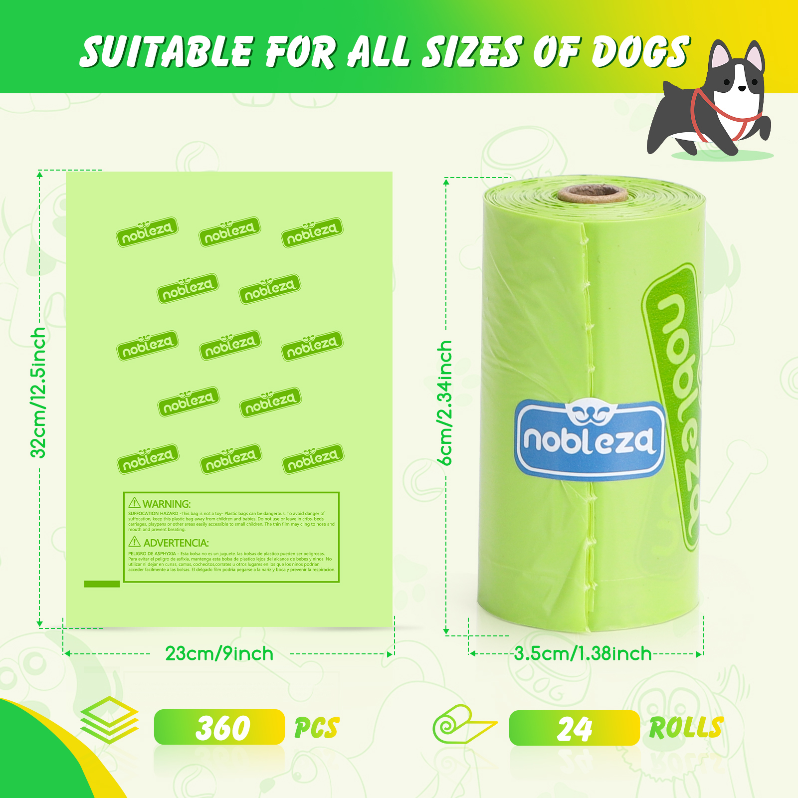 Un rollo de bolsas verdes para desechos de perros, con un paquete de bolsas a la izquierda.