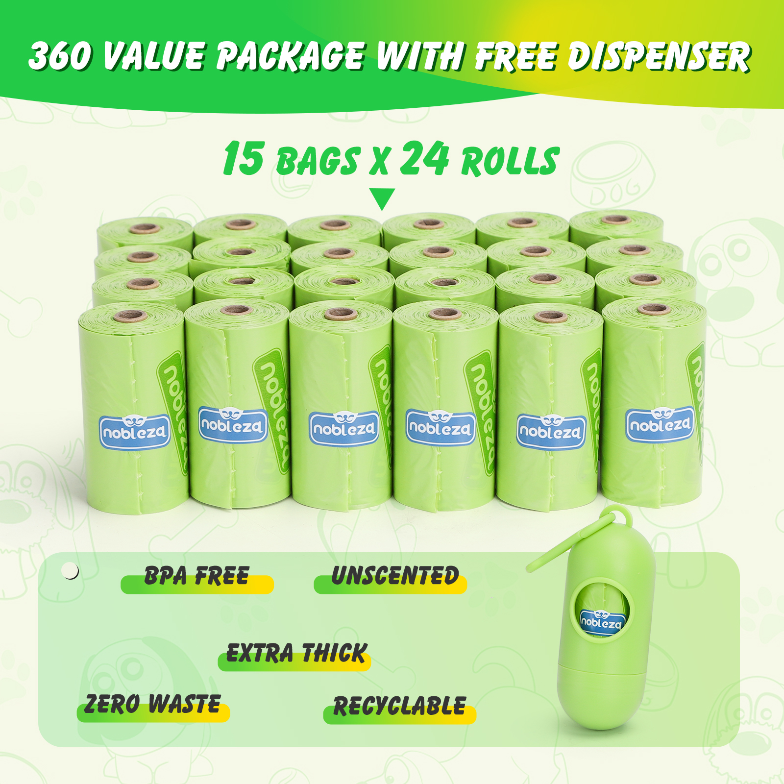 Bolsas verdes para residuos de perros sobre fondo blanco. Incluye dispensador. Texto: Sin BPA, sin perfume.